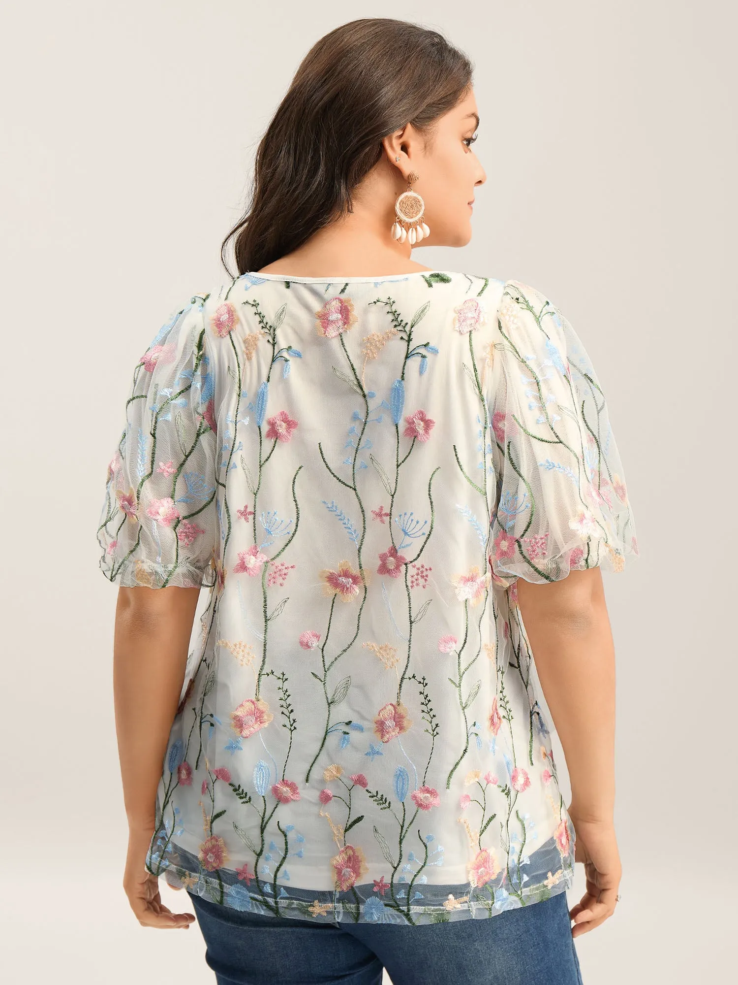 Floral Embroidered Mesh Bubble Sleeve Blouse sold by Bloomchic product image thumbnail 5