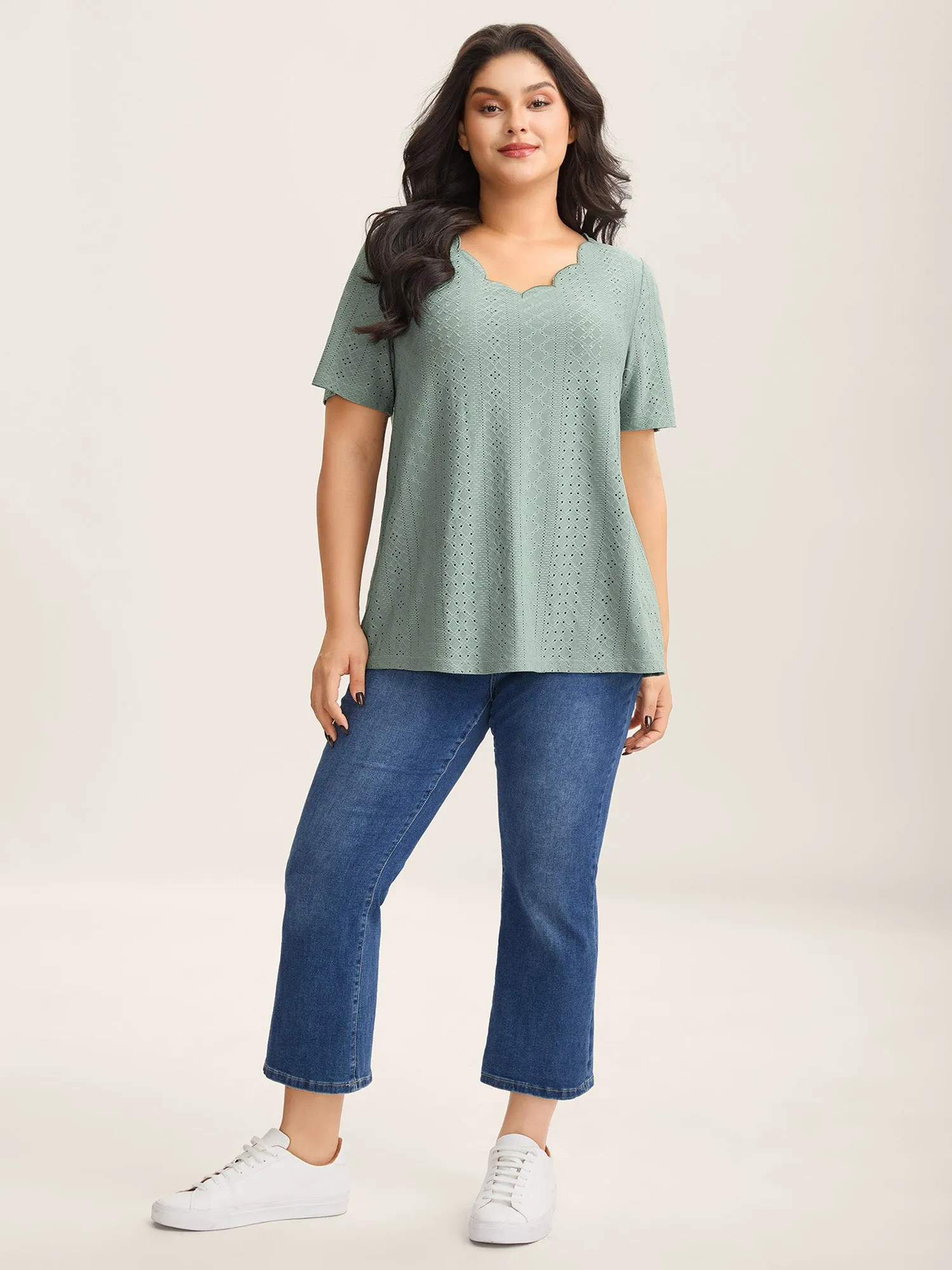 Eyelet Trim Scalloped Neck Stretchy T-Shirt sold by Bloomchic product image thumbnail 3