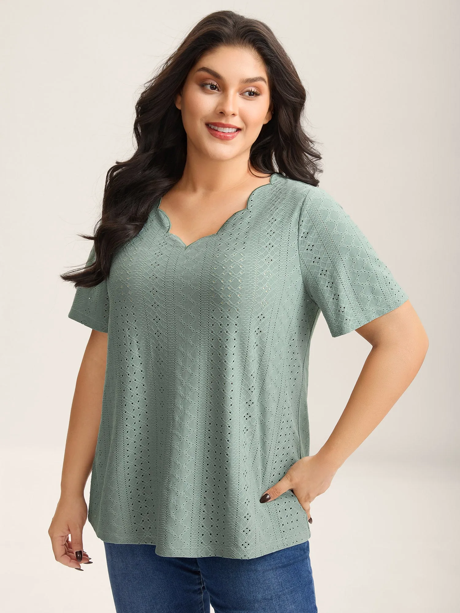 Eyelet Trim Scalloped Neck Stretchy T-Shirt sold by Bloomchic product image thumbnail 2