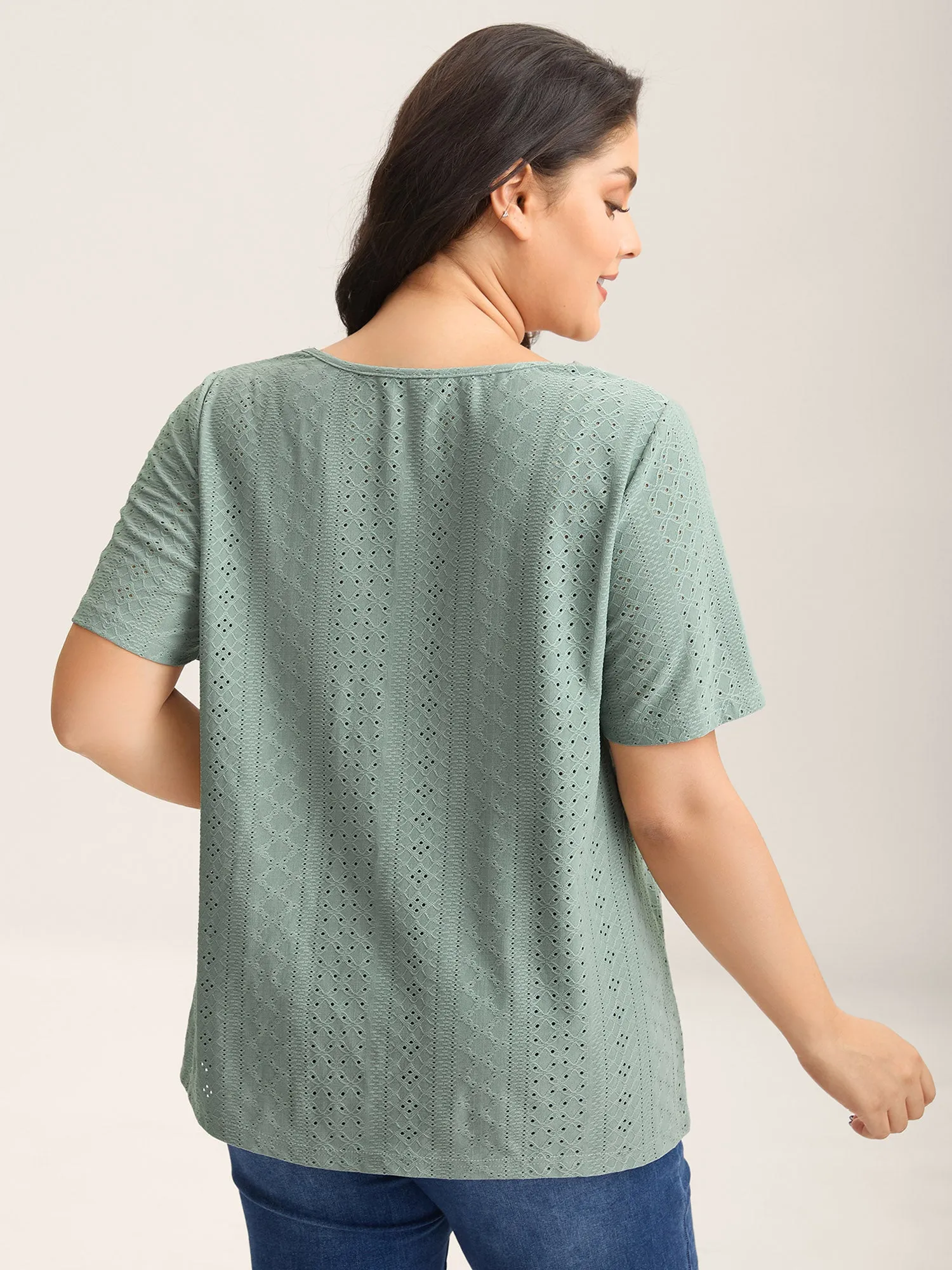 Eyelet Trim Scalloped Neck Stretchy T-Shirt sold by Bloomchic product image thumbnail 4