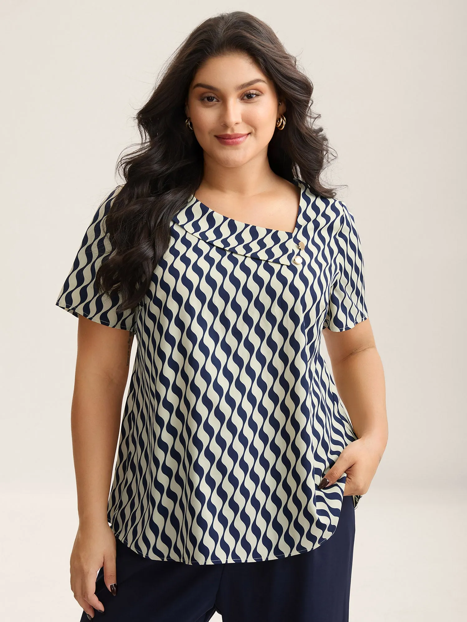 Wavy Print Asymmetrical Neckline Blouse sold by Bloomchic