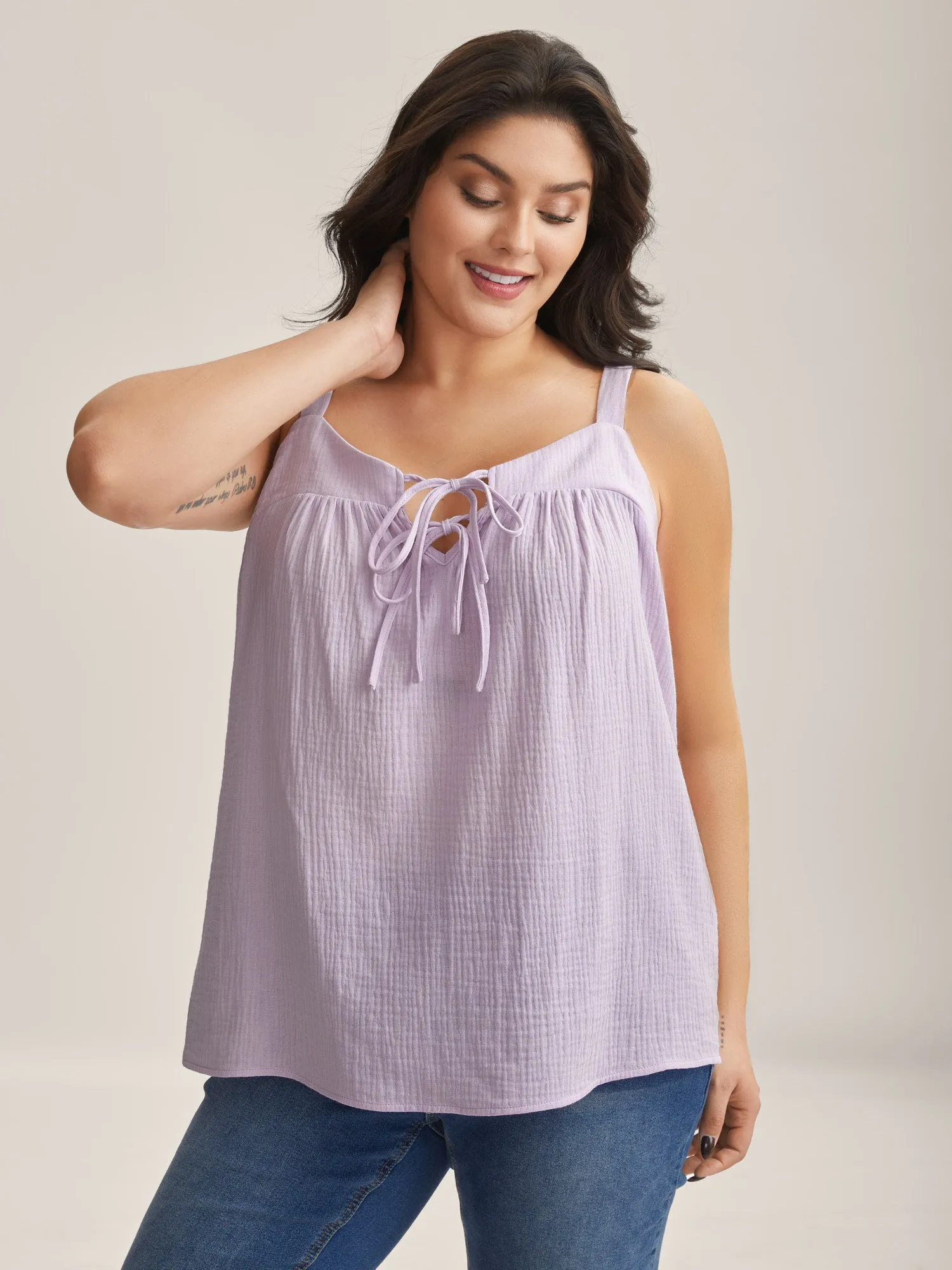 Neck Tie-UP Pleated Tank Top sold by Bloomchic