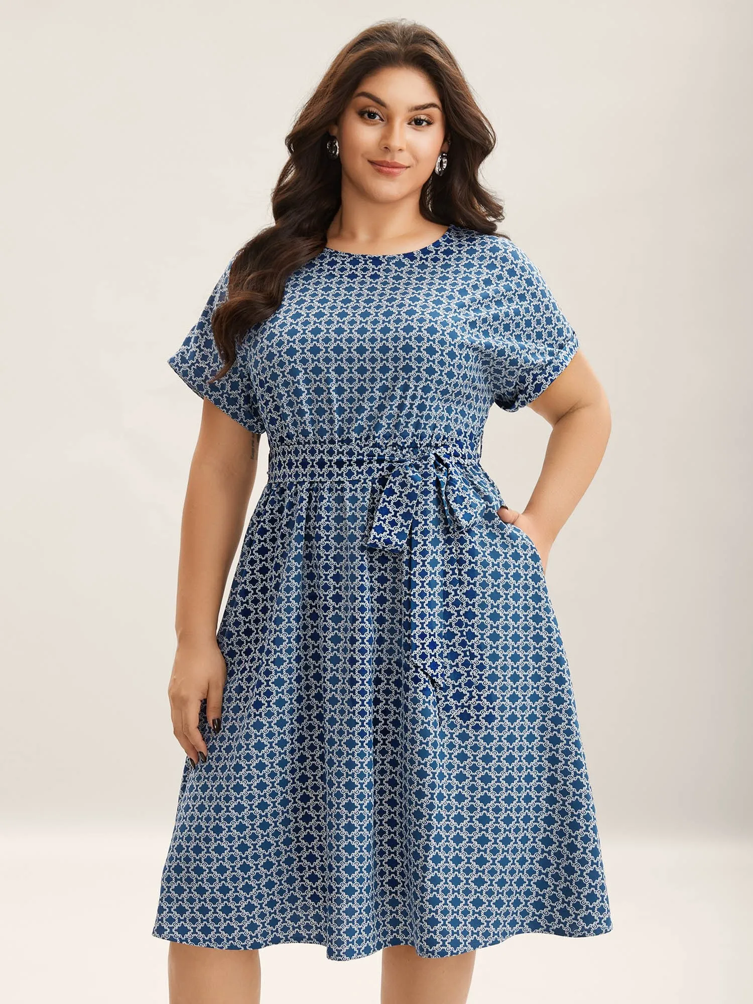 Geometric Print Belted Pockets Midi Dress sold by Bloomchic