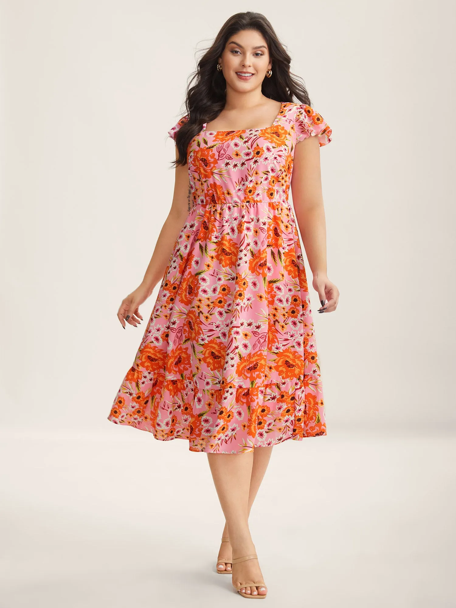 Floral Print Flutter Sleeve Tiered Midi Dress sold by Bloomchic product image thumbnail 3