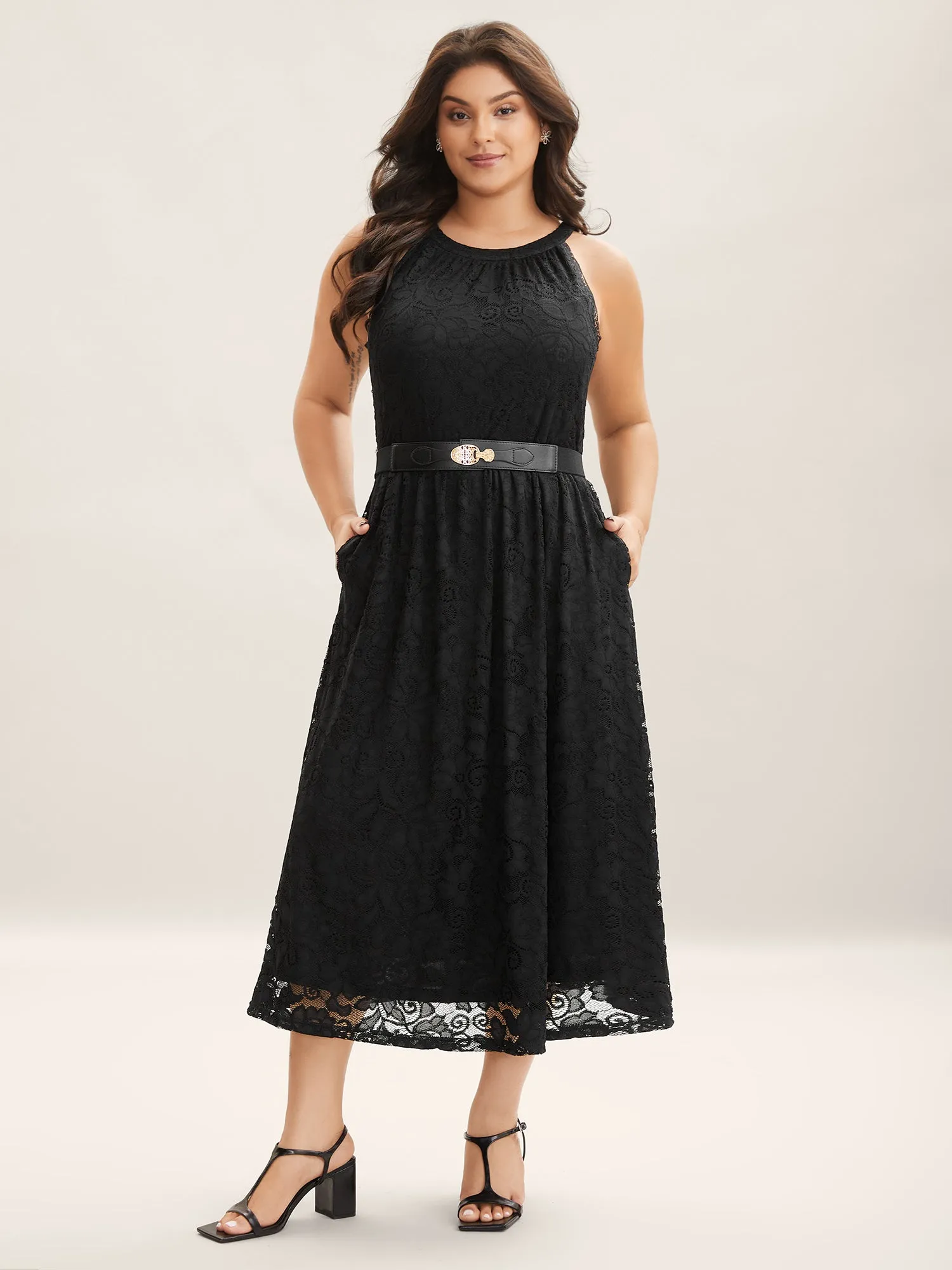 Textured Lace Sleeveless Pockets Midi Dress sold by Bloomchic product image thumbnail 3