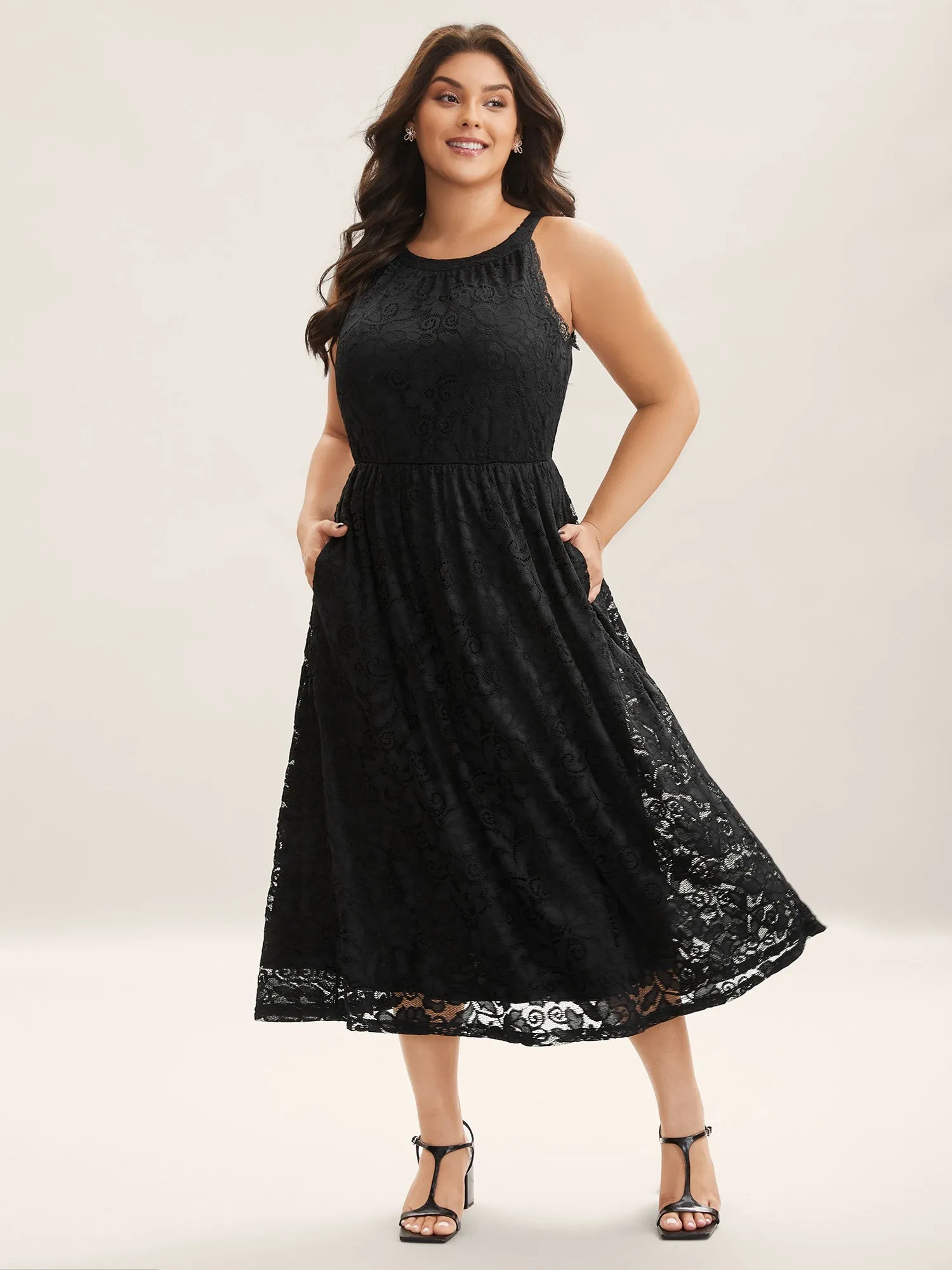 Textured Lace Sleeveless Pockets Midi Dress sold by Bloomchic