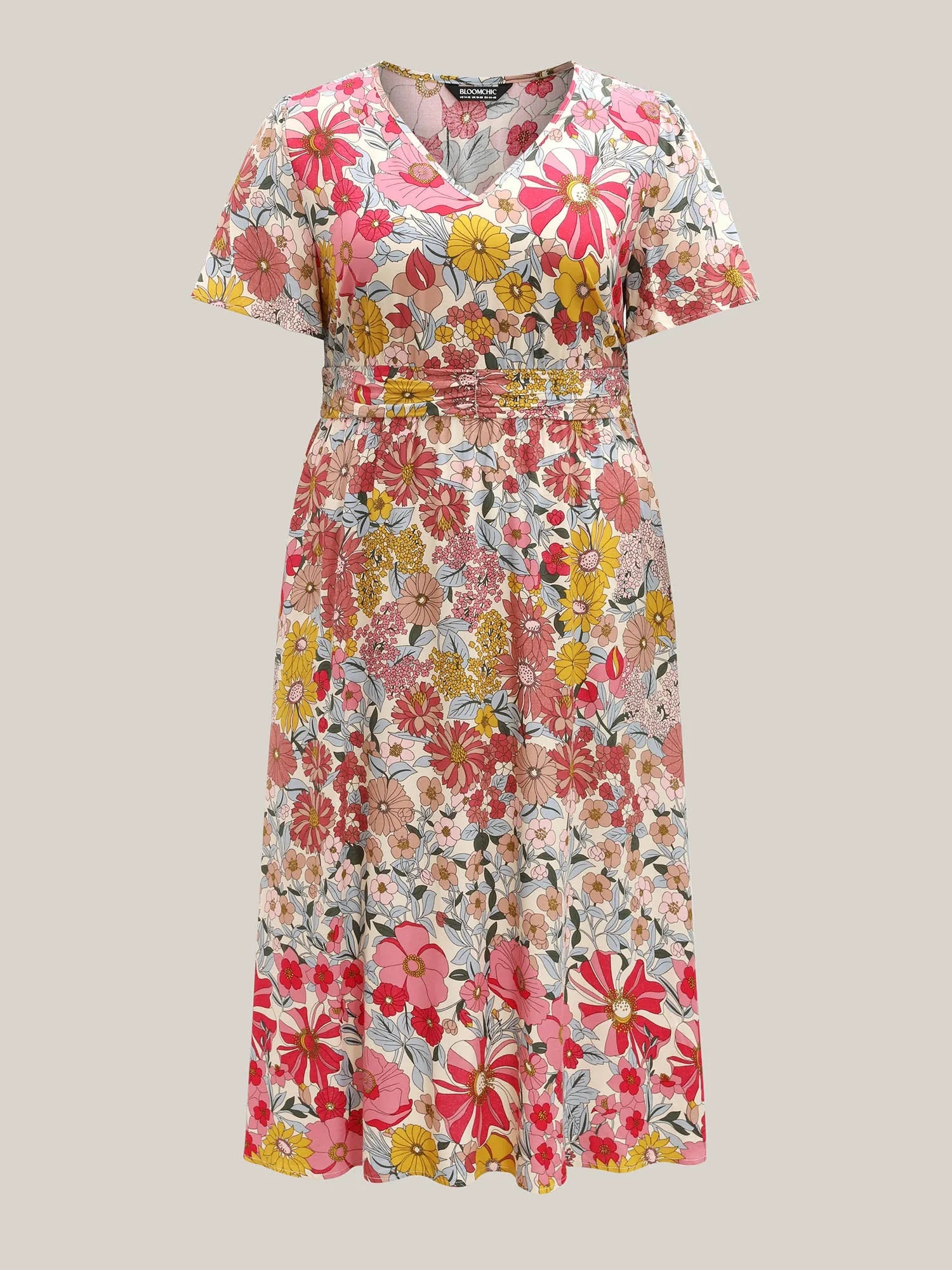 Vibrant Floral Print Pleated Waist Midi Dress sold by Bloomchic product image thumbnail 5