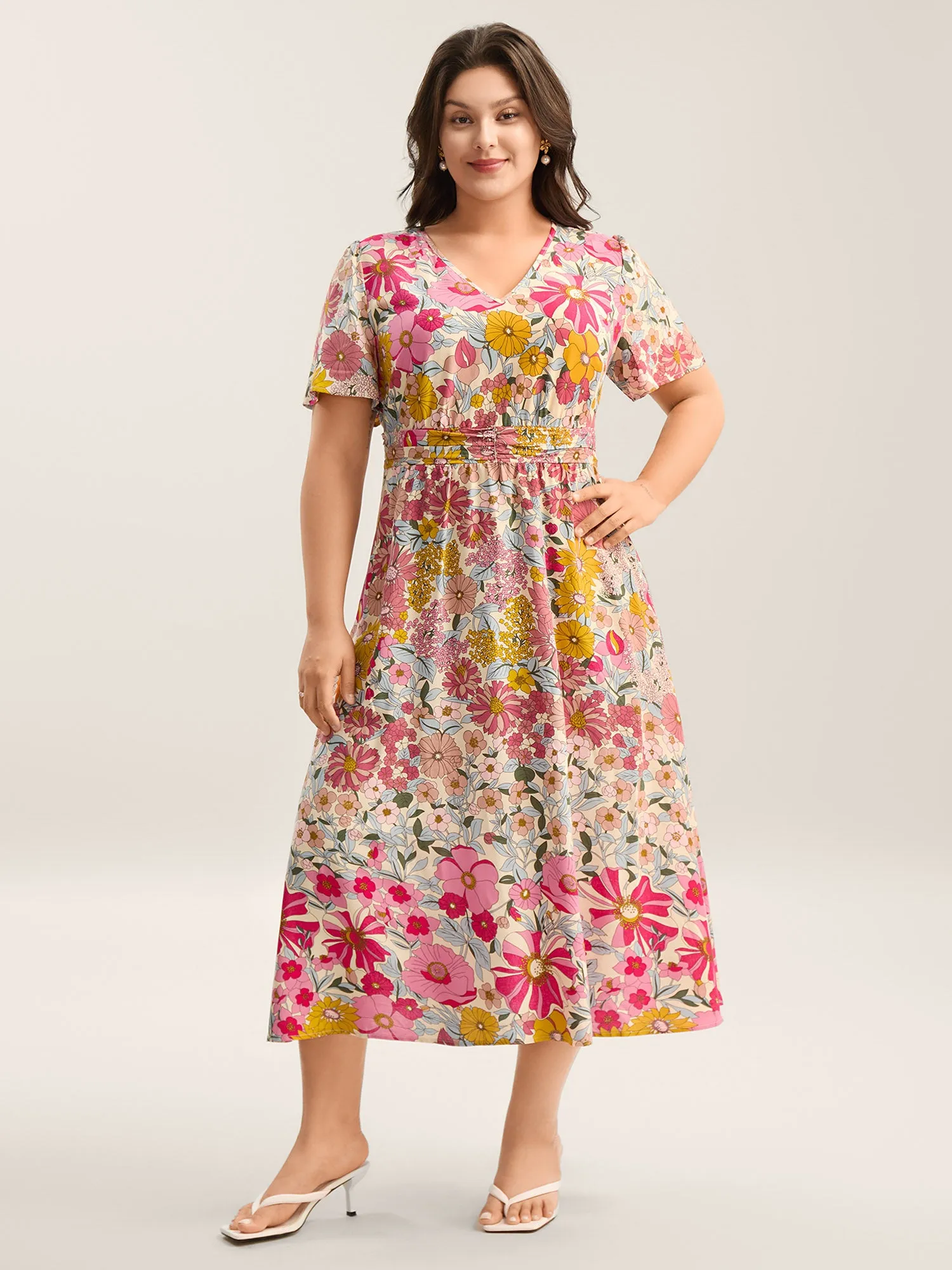 Vibrant Floral Print Pleated Waist Midi Dress sold by Bloomchic product image thumbnail 3