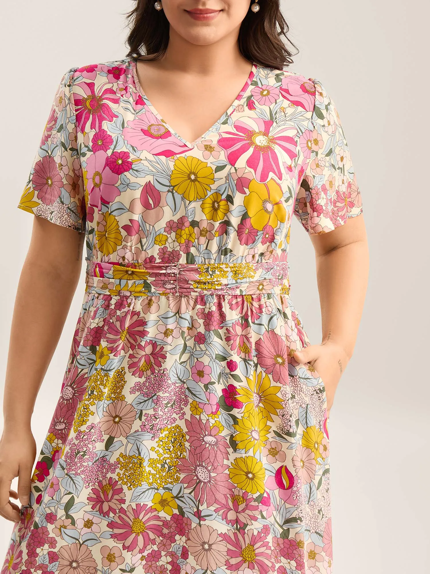Vibrant Floral Print Pleated Waist Midi Dress sold by Bloomchic product image thumbnail 2