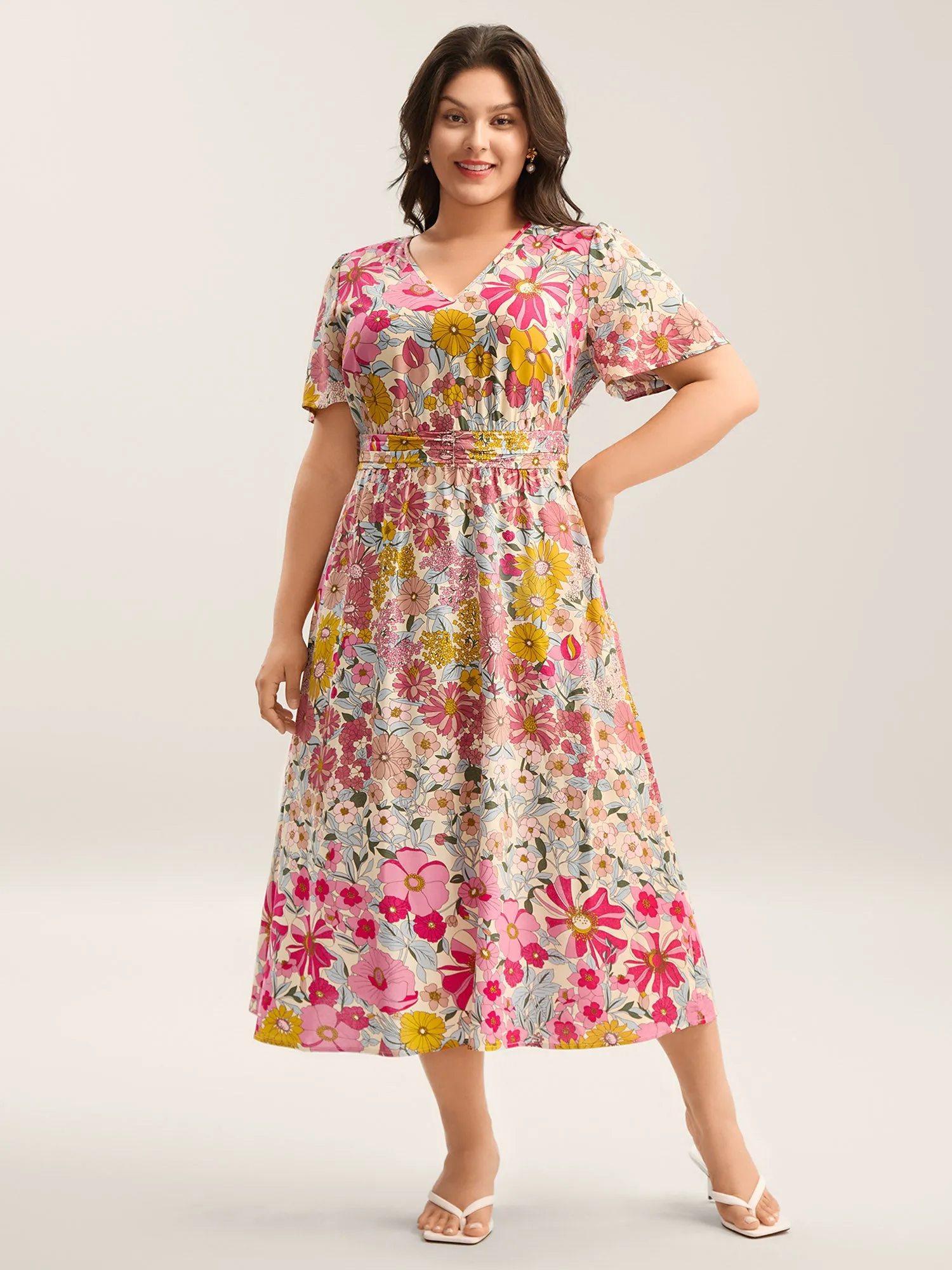 Vibrant Floral Print Pleated Waist Midi Dress sold by Bloomchic
