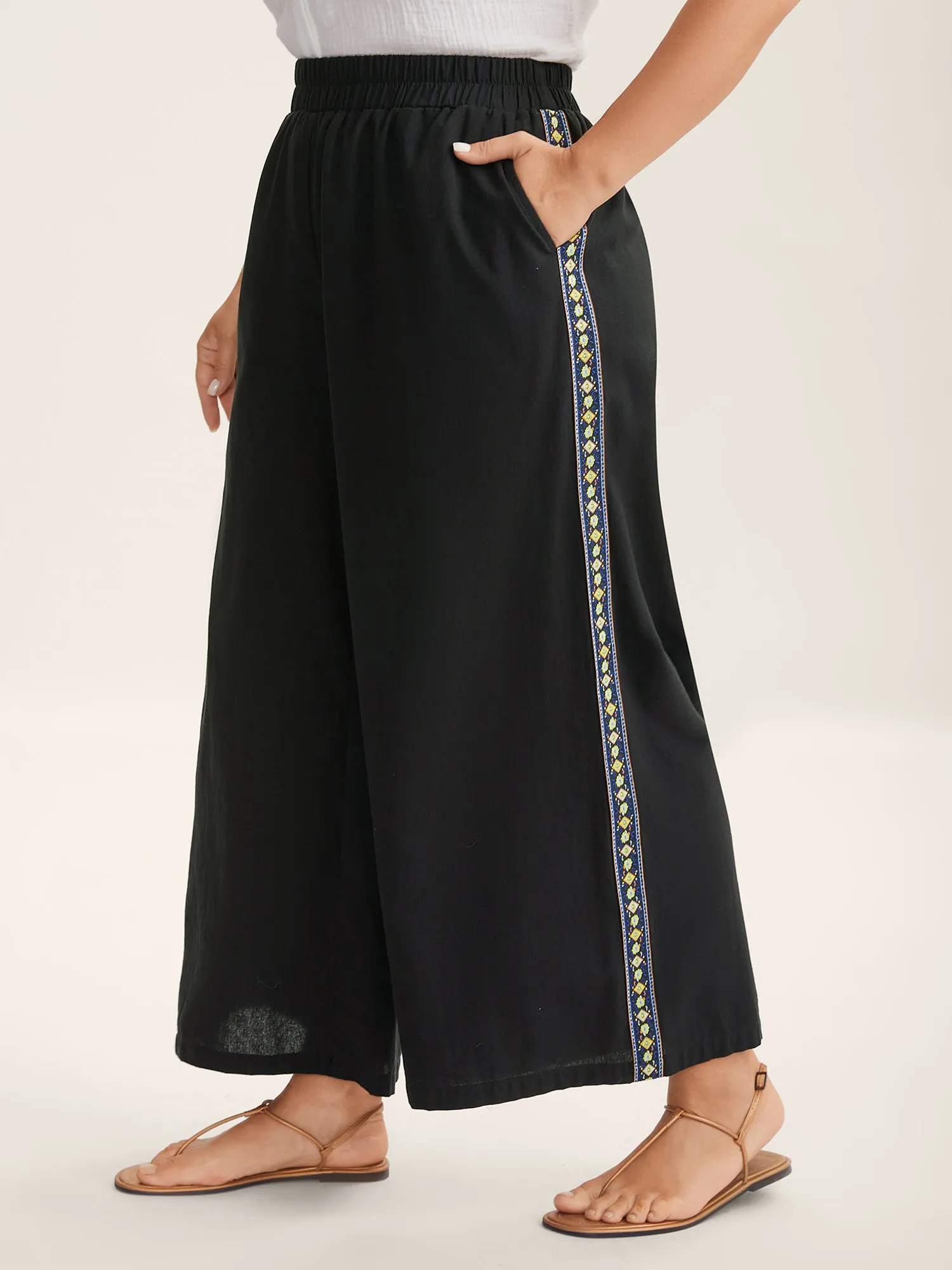 Lace Detail Solid Straight-Leg Pants sold by Bloomchic