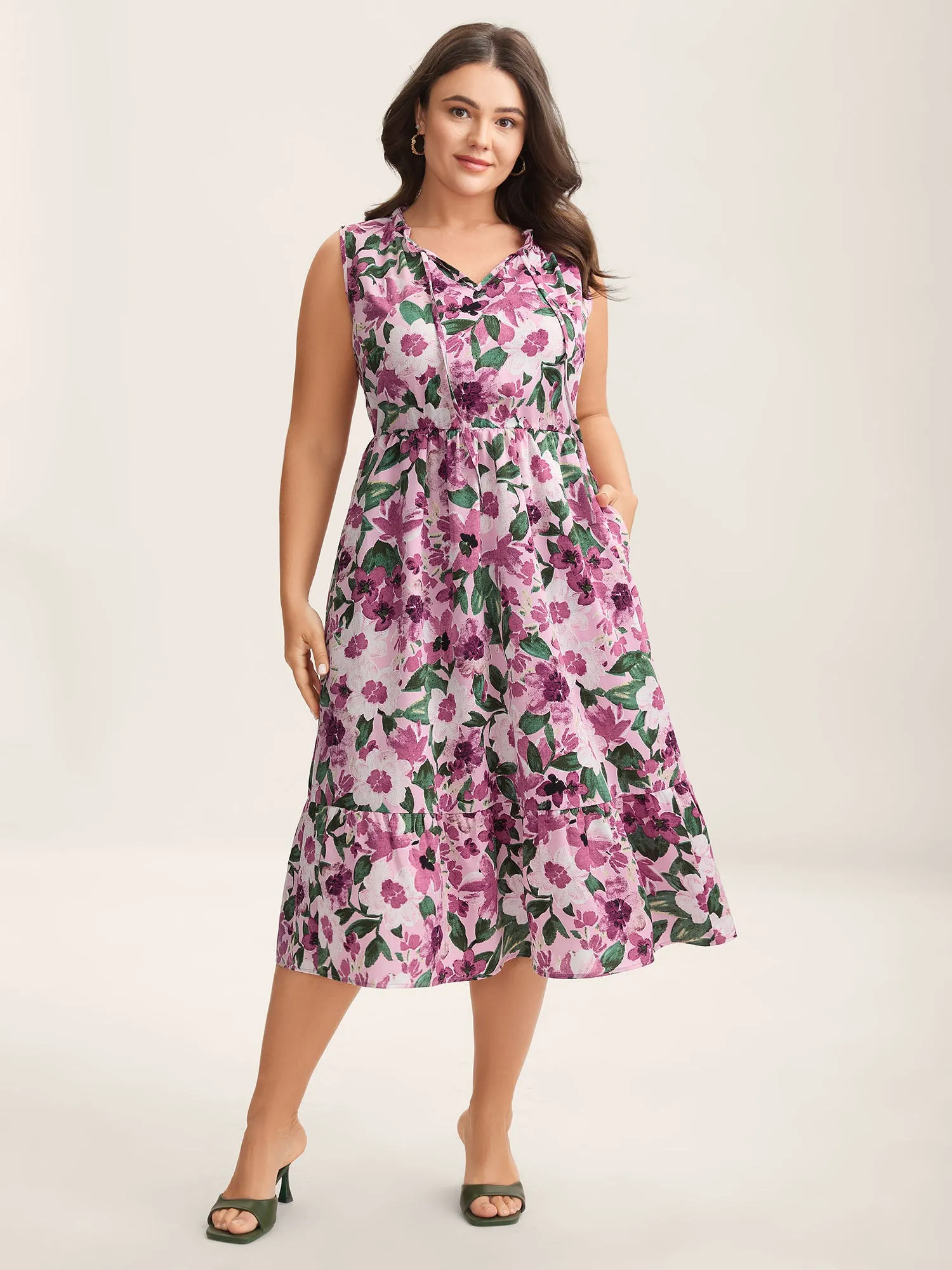 Floral Print Cinched-Waist Pockets Midi Dress sold by Bloomchic product image thumbnail 3