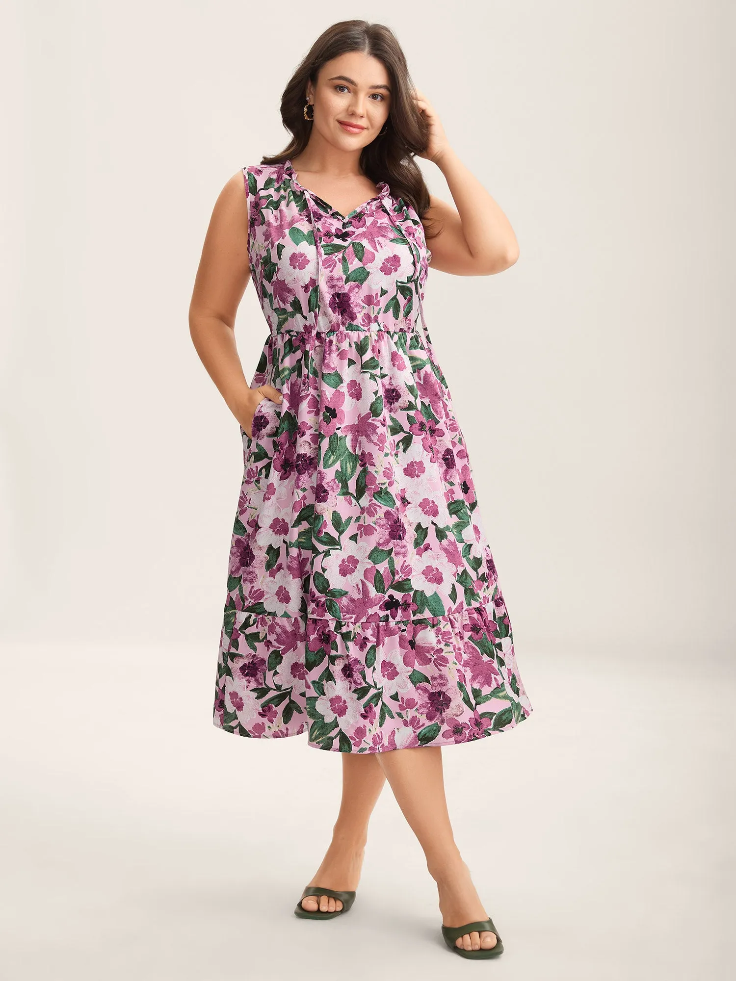 Floral Print Cinched-Waist Pockets Midi Dress sold by Bloomchic product image thumbnail 2