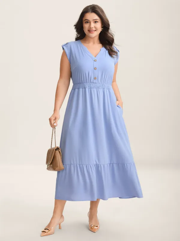 Shirred Waist Button Detail Pockets Midi Dress sold by Bloomchic