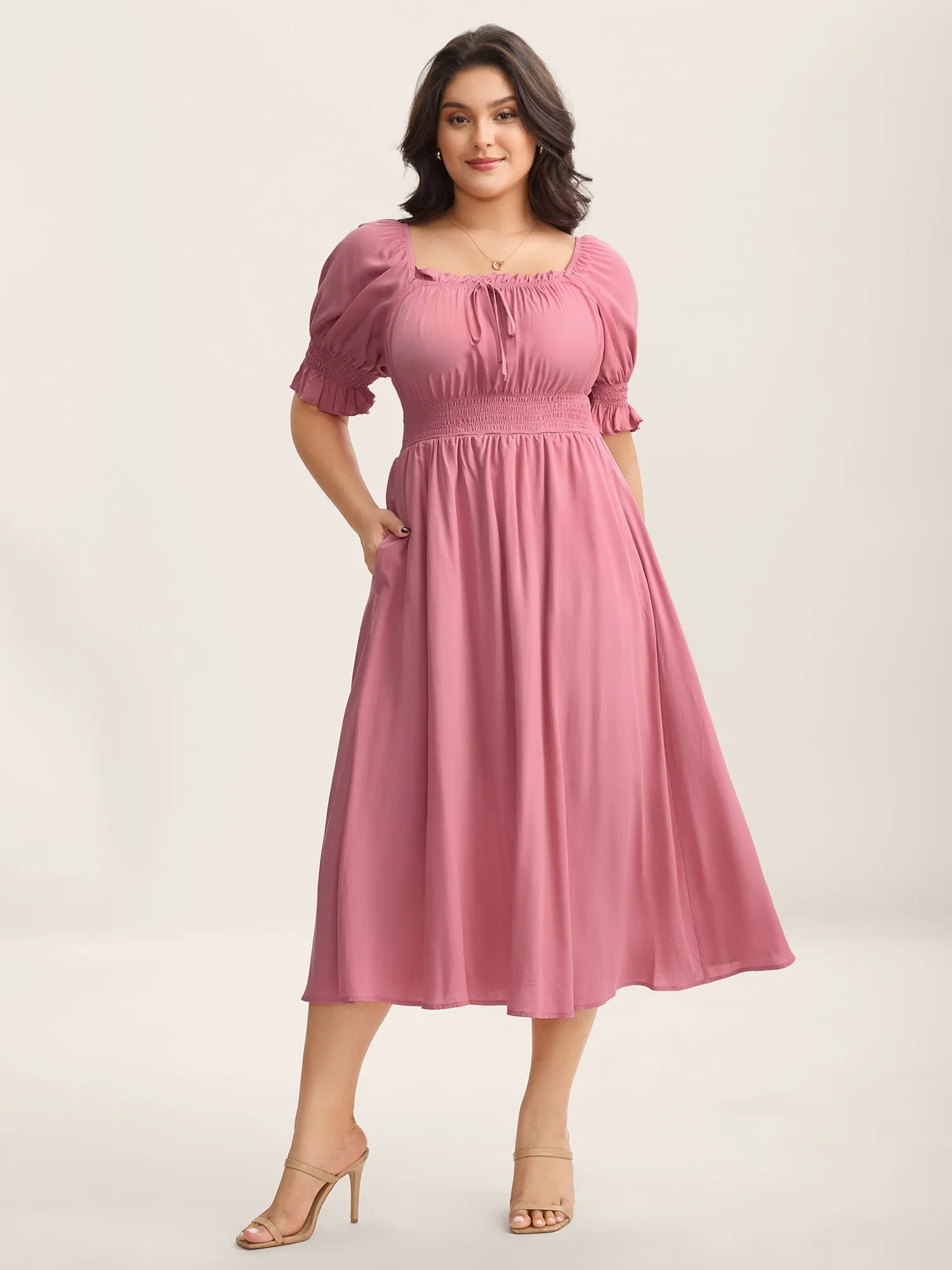 Rayon Stretchy Waist Pockets Milkmaid Dress sold by Bloomchic