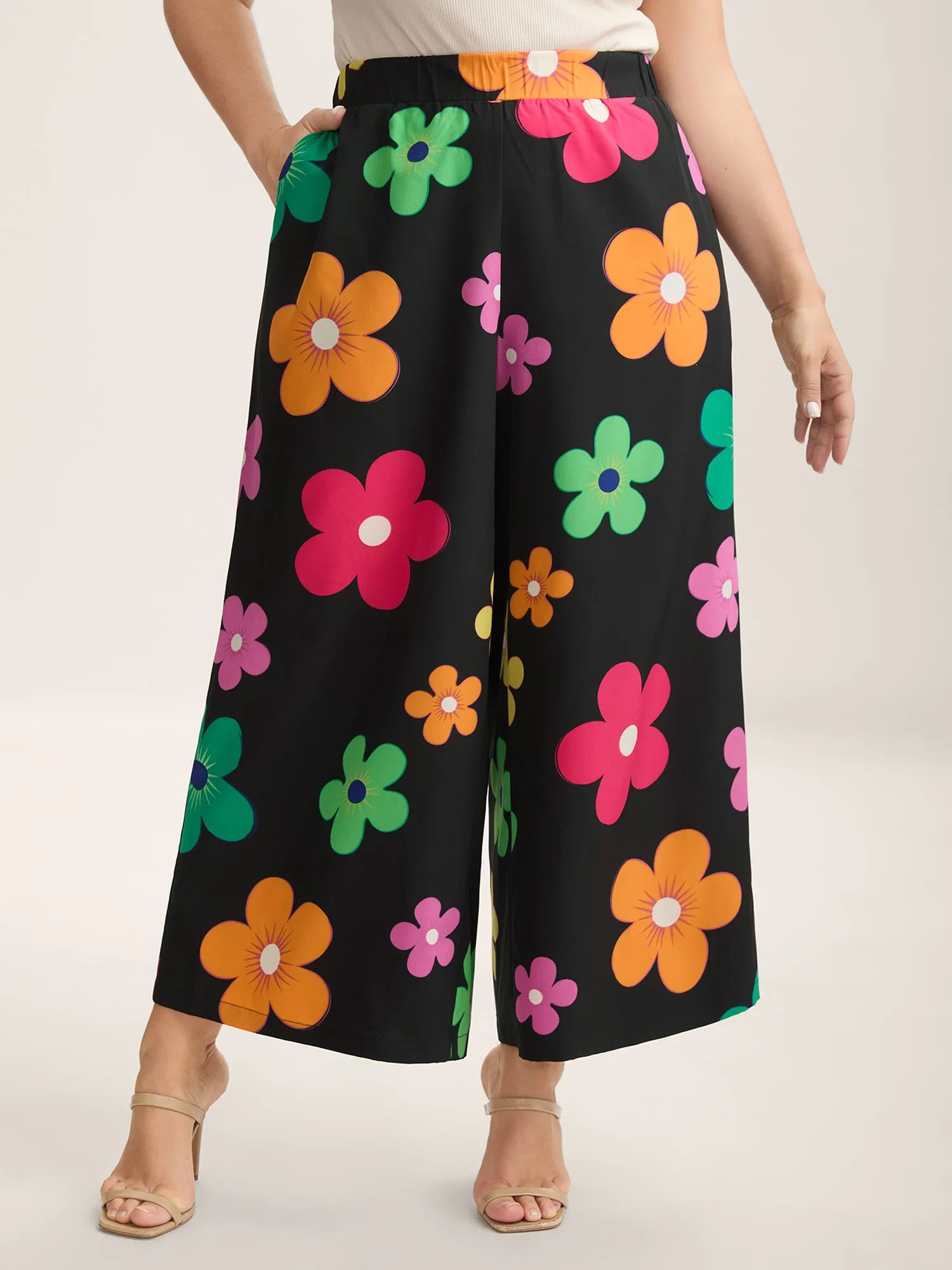 Colorful Large Floral Print Wide-Leg Pants sold by Bloomchic