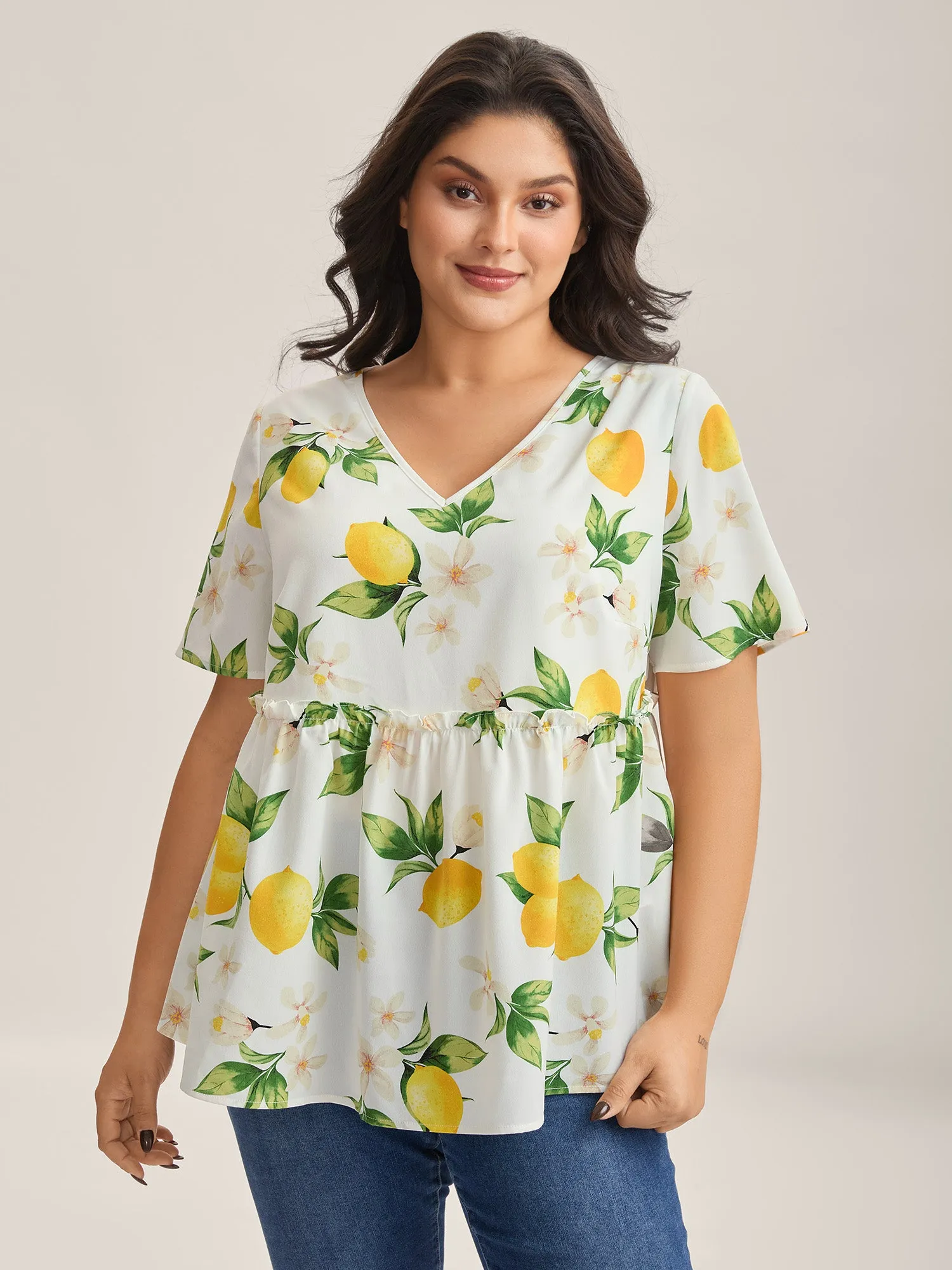 Citrus Print Petal Trim Blouse sold by Bloomchic