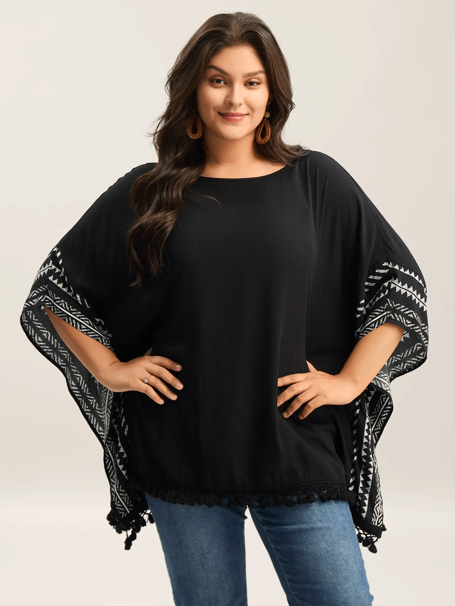 Rayon Tassels Boho Print Relaxed Blouse sold by Bloomchic