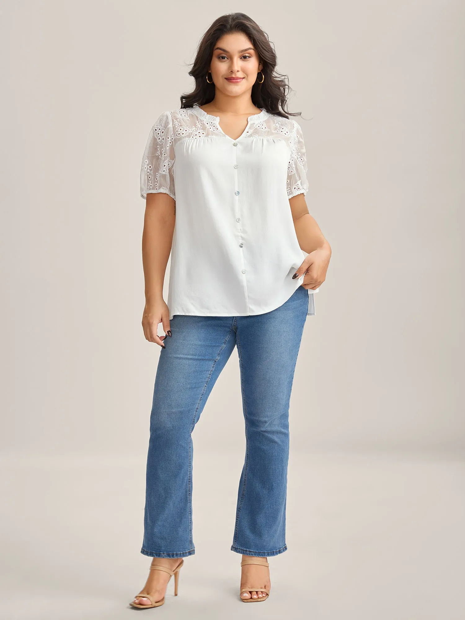 Eyelet Trim Sheer Button Detail Blouse sold by Bloomchic product image thumbnail 3