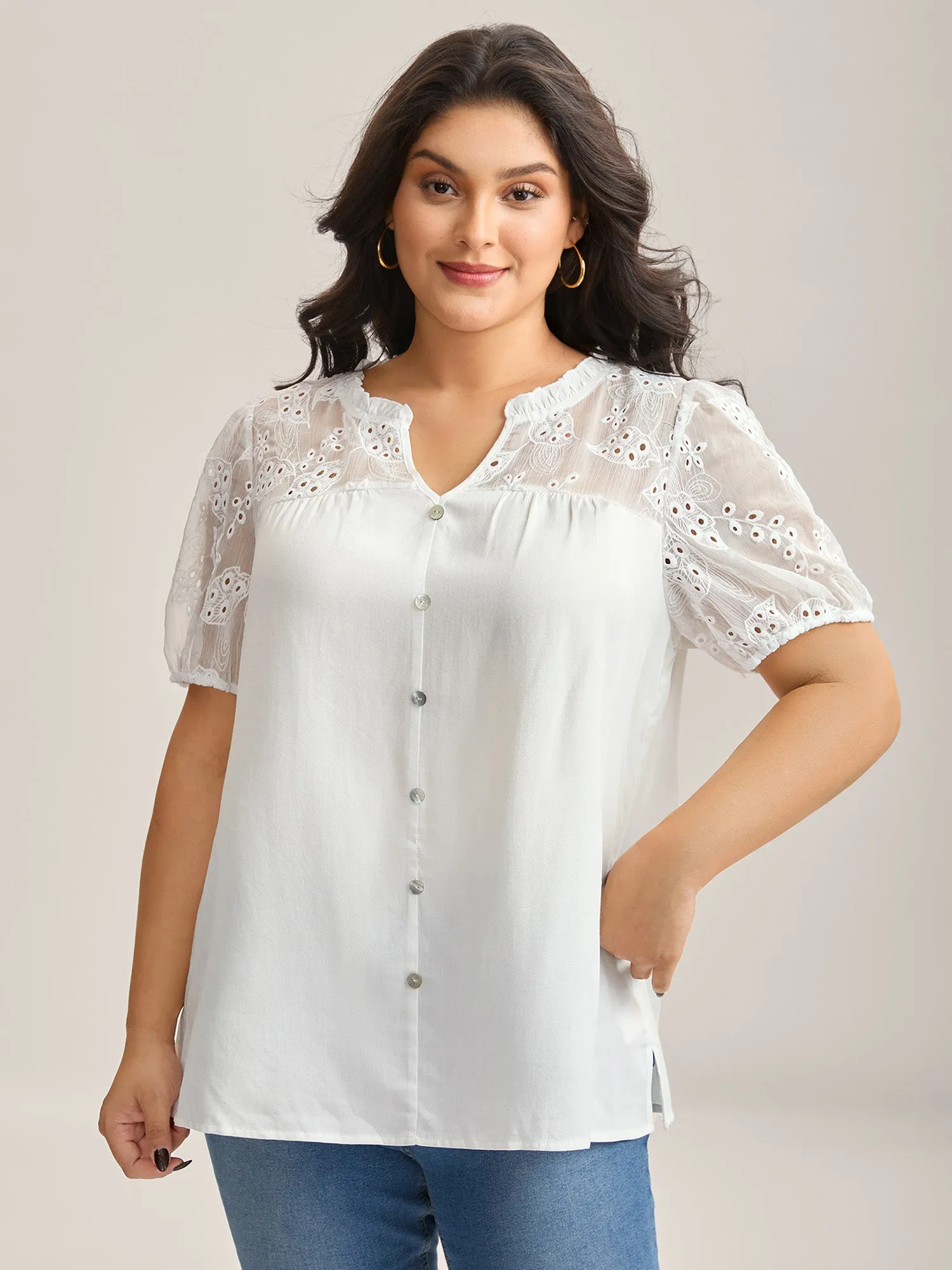 Eyelet Trim Sheer Button Detail Blouse sold by Bloomchic product image thumbnail 2