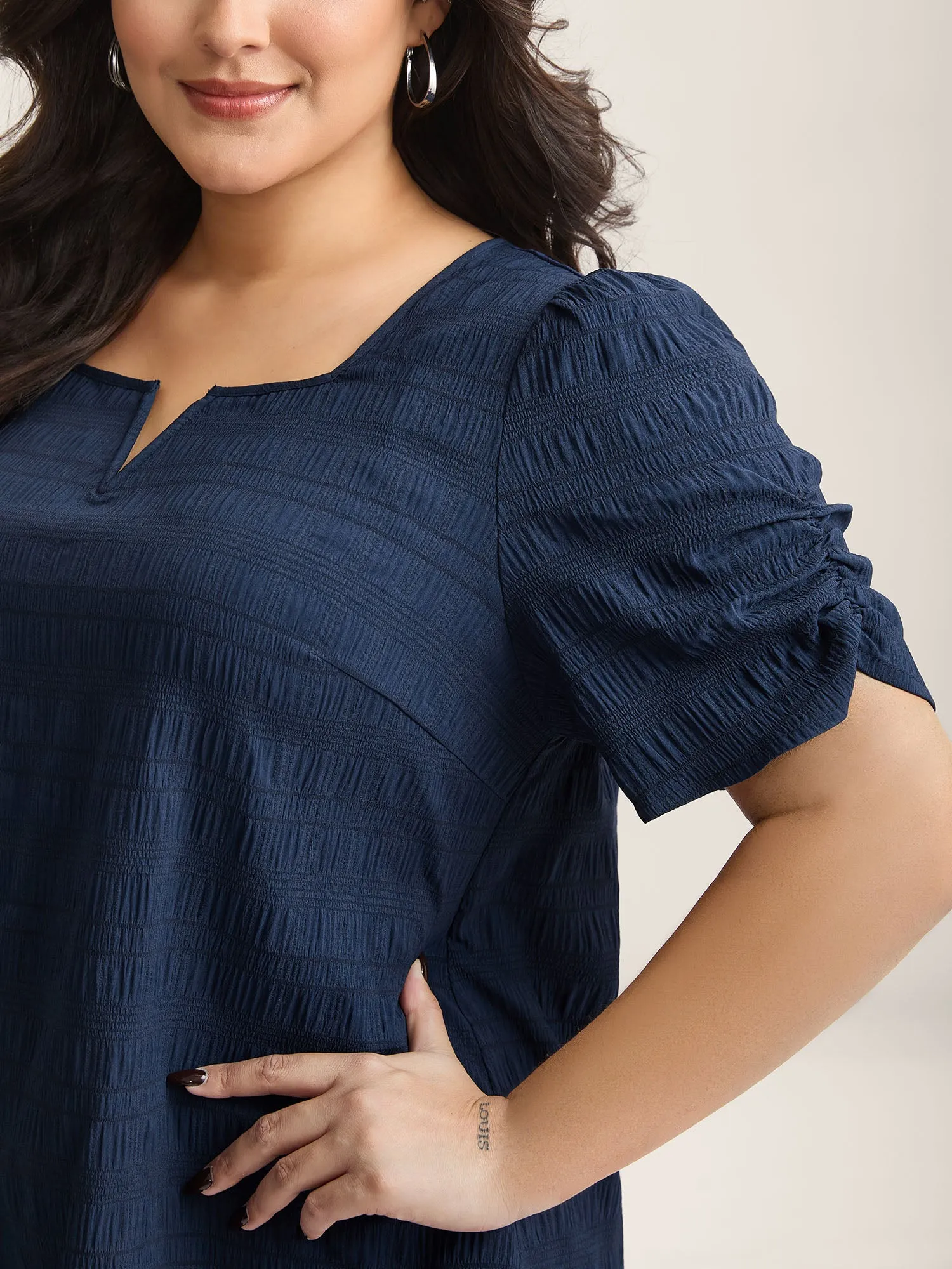 Textured Gathered Sleeve Split Neck Blouse sold by Bloomchic product image thumbnail 2