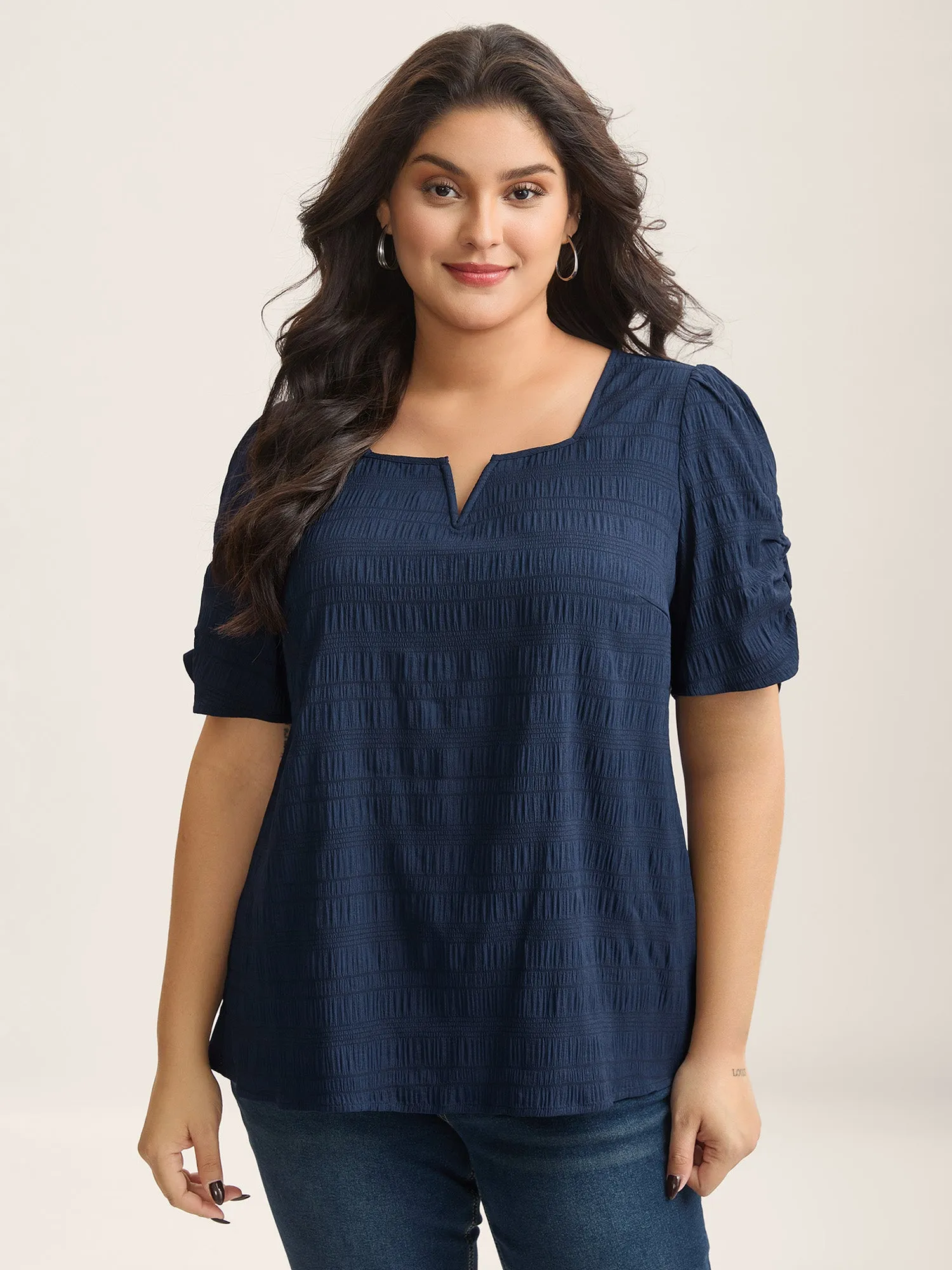 Textured Gathered Sleeve Split Neck Blouse sold by Bloomchic