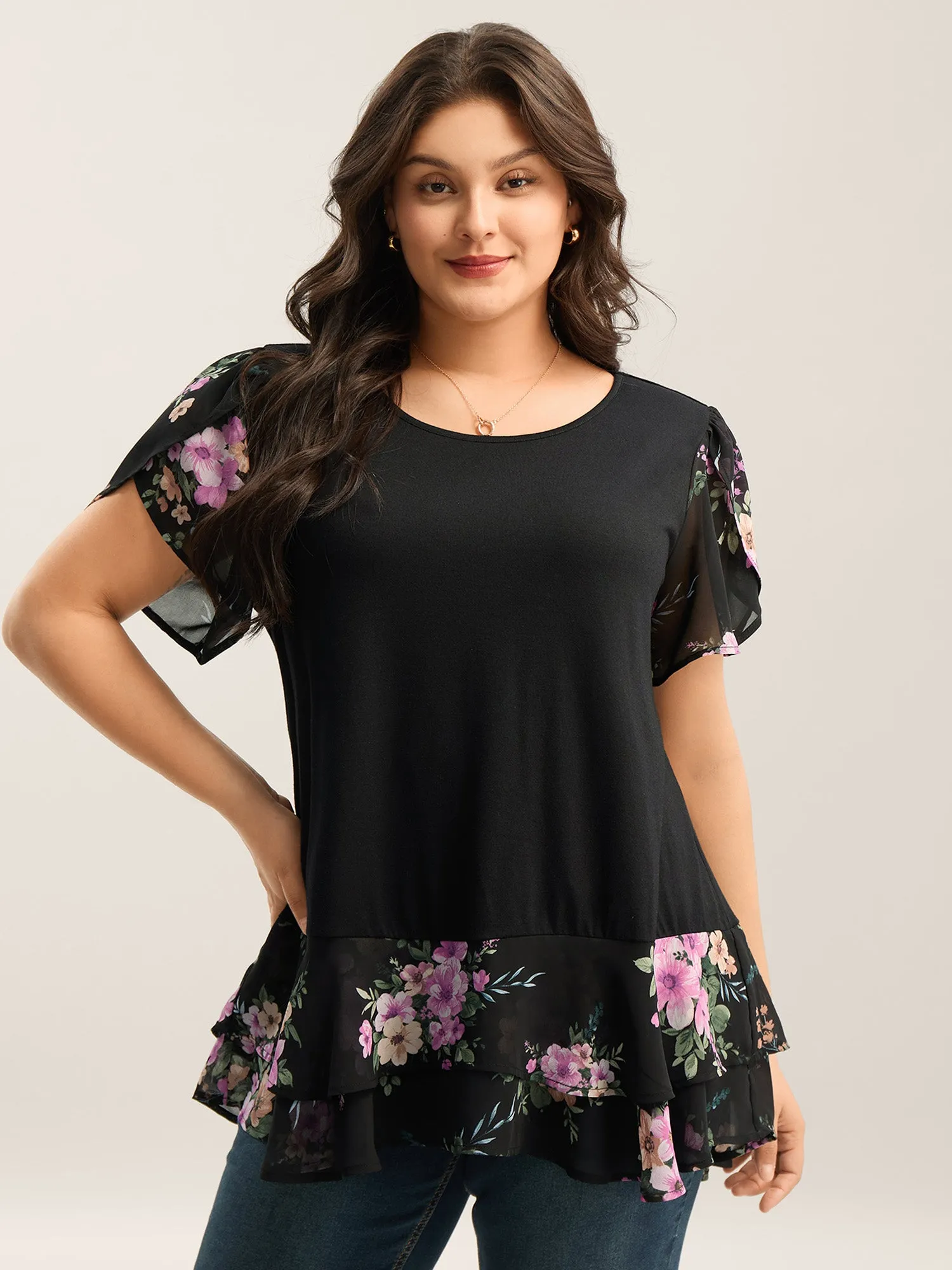 Floral Print Petal Sleeve Tiered Top sold by Bloomchic