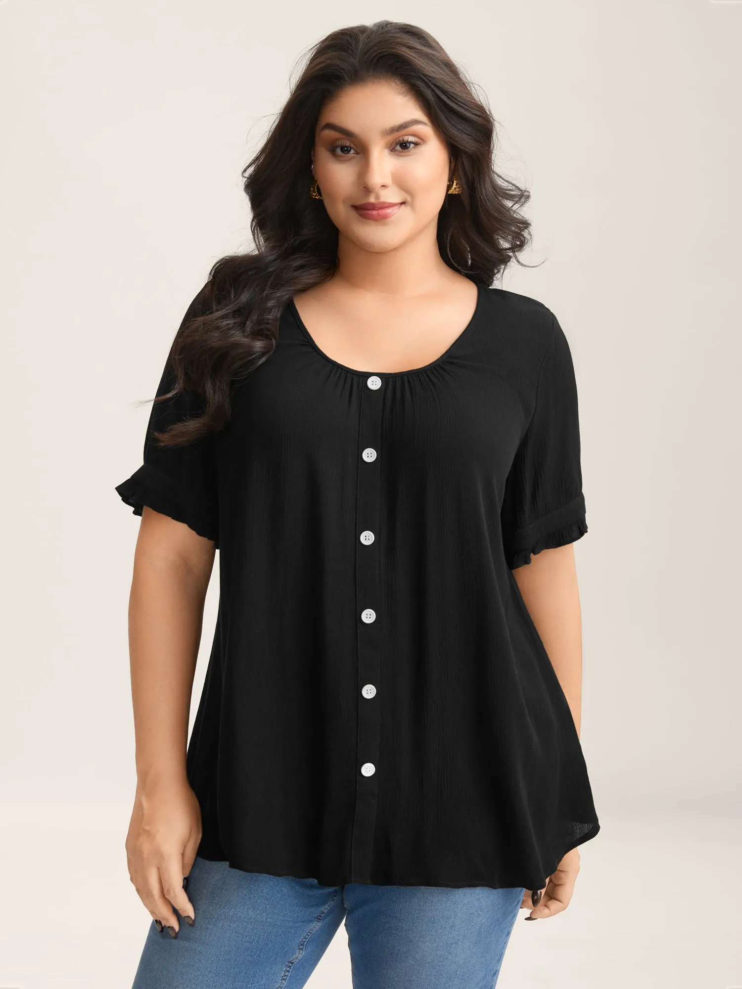 Textured Button Detail Pleated Solid Top sold by Bloomchic