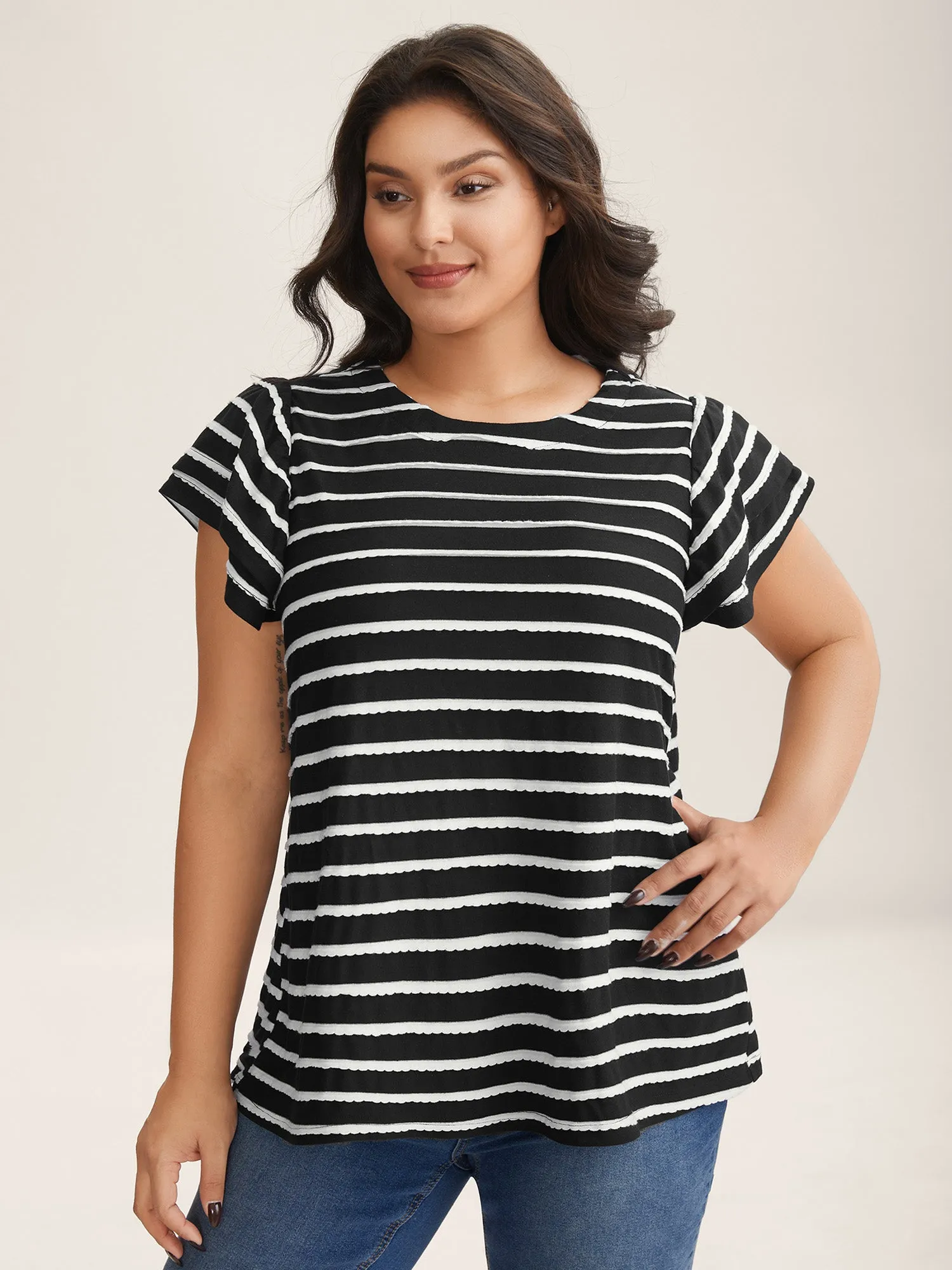 Stripe Textured Lotus Leaf Sleeve T-Shirt sold by Bloomchic product image thumbnail 2