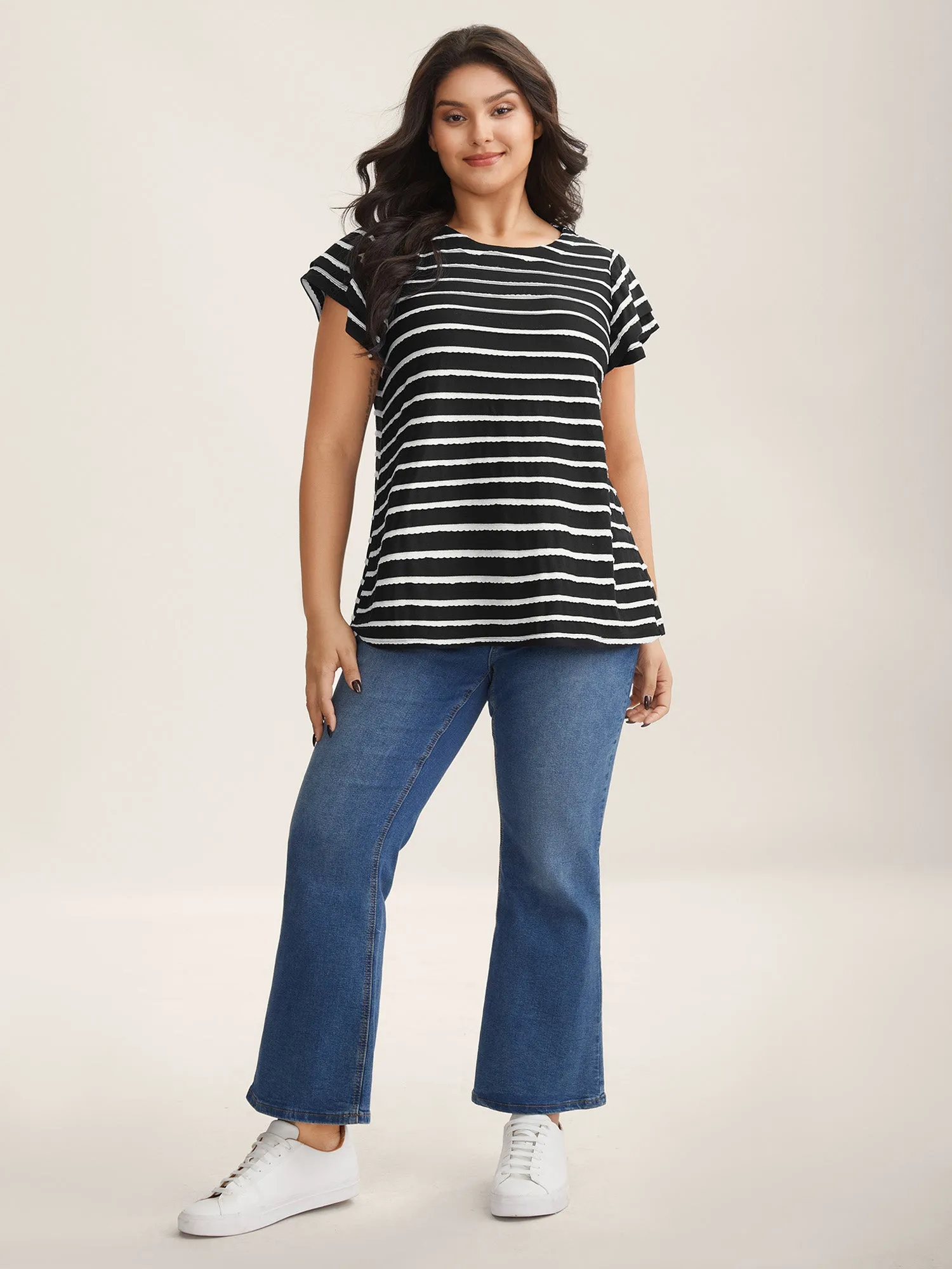 Stripe Textured Lotus Leaf Sleeve T-Shirt sold by Bloomchic product image thumbnail 3