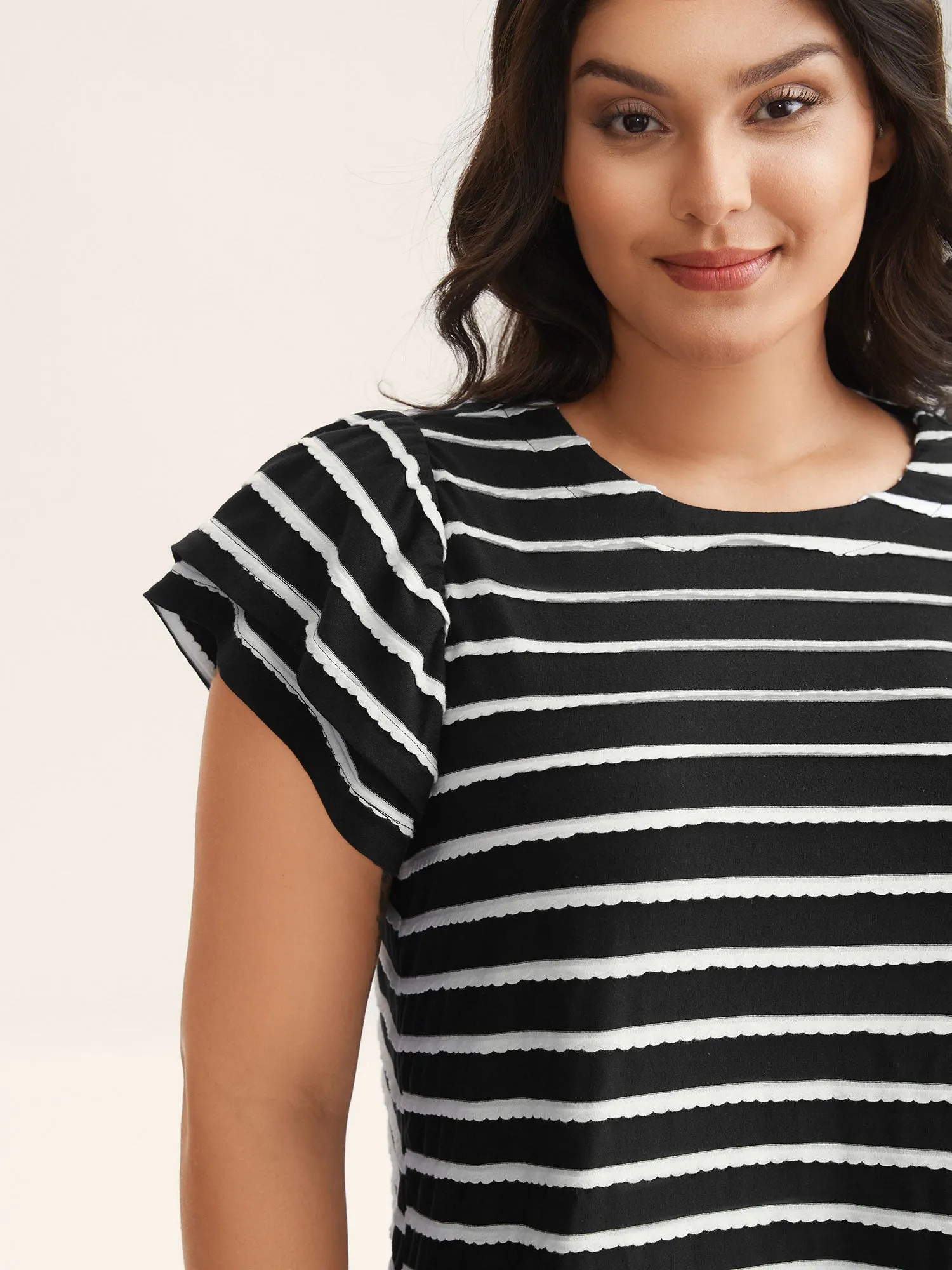 Stripe Textured Lotus Leaf Sleeve T-Shirt sold by Bloomchic