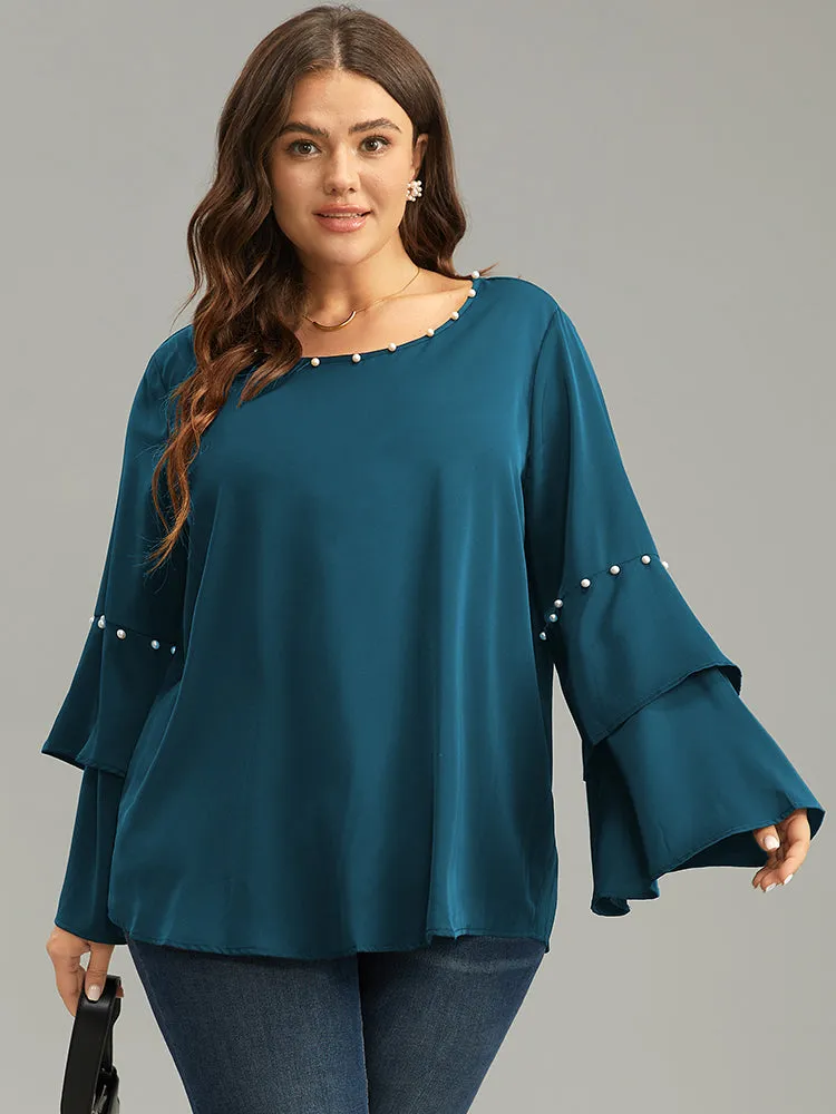 Anti-Wrinkle Pearl Beaded Ruffle Layered Sleeve Blouse sold by Bloomchic