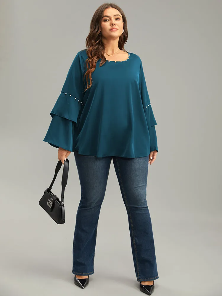 Anti-Wrinkle Pearl Beaded Ruffle Layered Sleeve Blouse sold by Bloomchic product image thumbnail 4