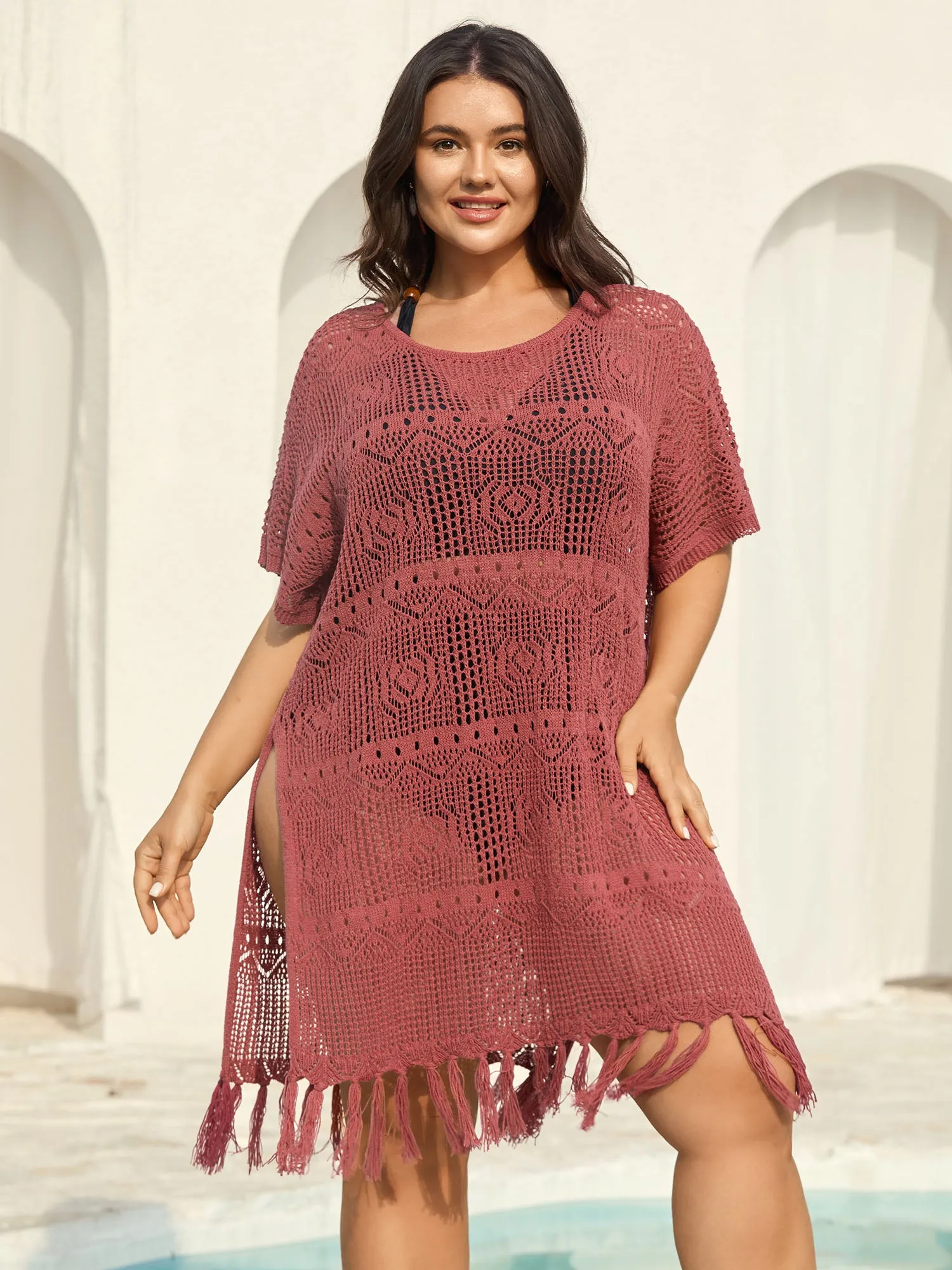Crochet Slit Tassels Swim Cover-Up sold by Bloomchic