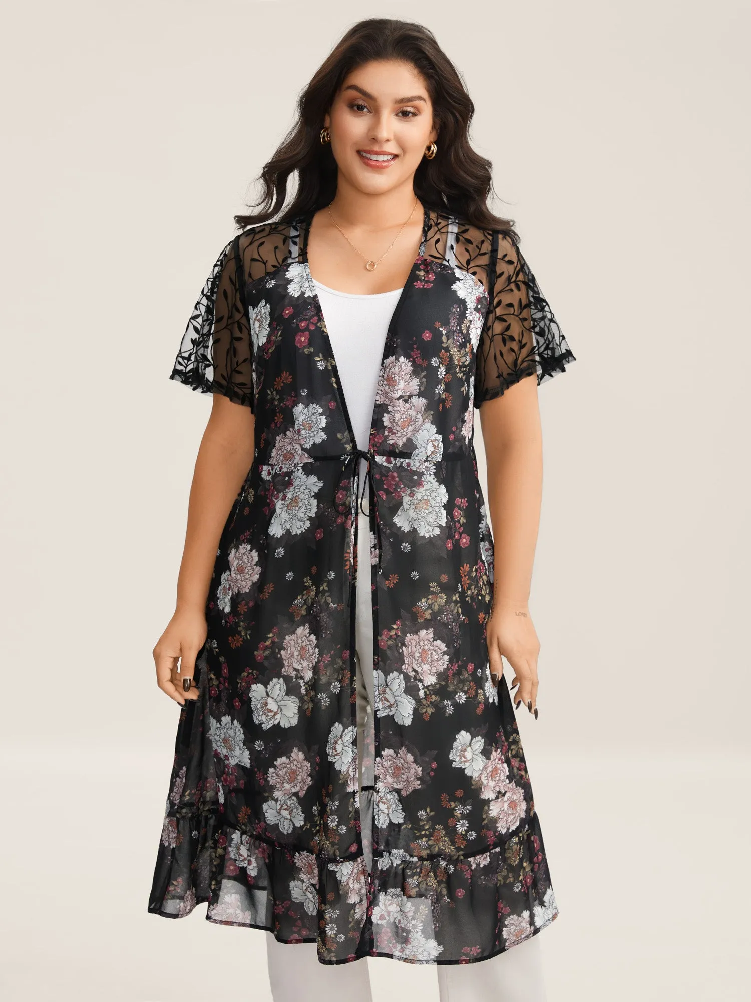 Chiffon Floral Front Mid Tie Kimono sold by Bloomchic