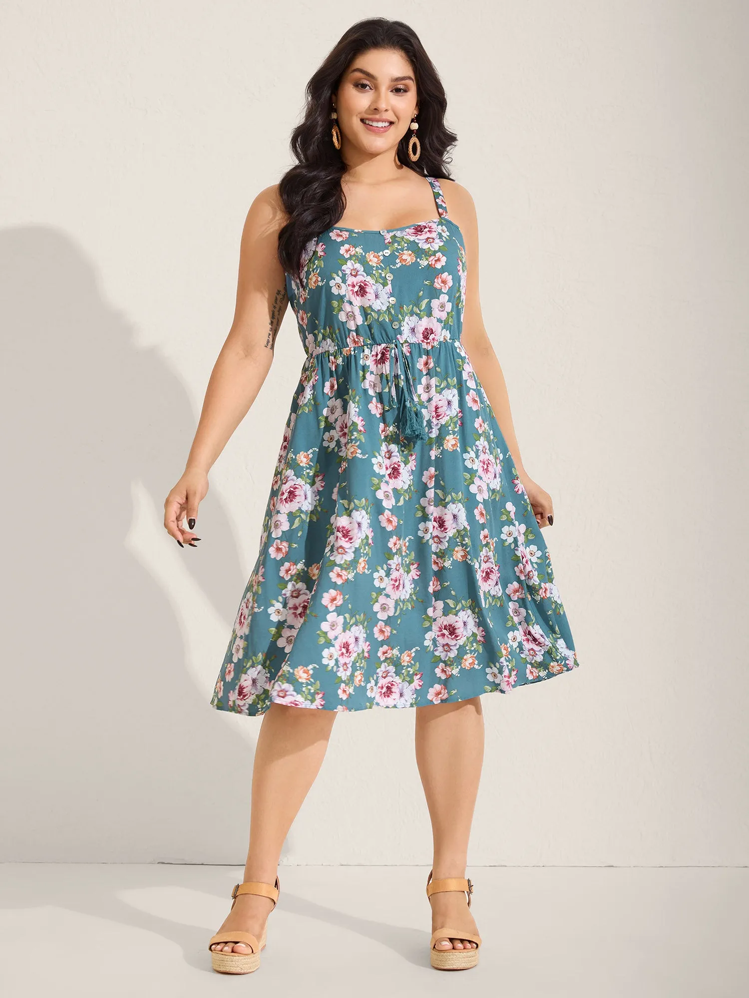 Large Floral Print Cinched-Waist Midi Dress sold by Bloomchic product image thumbnail 2