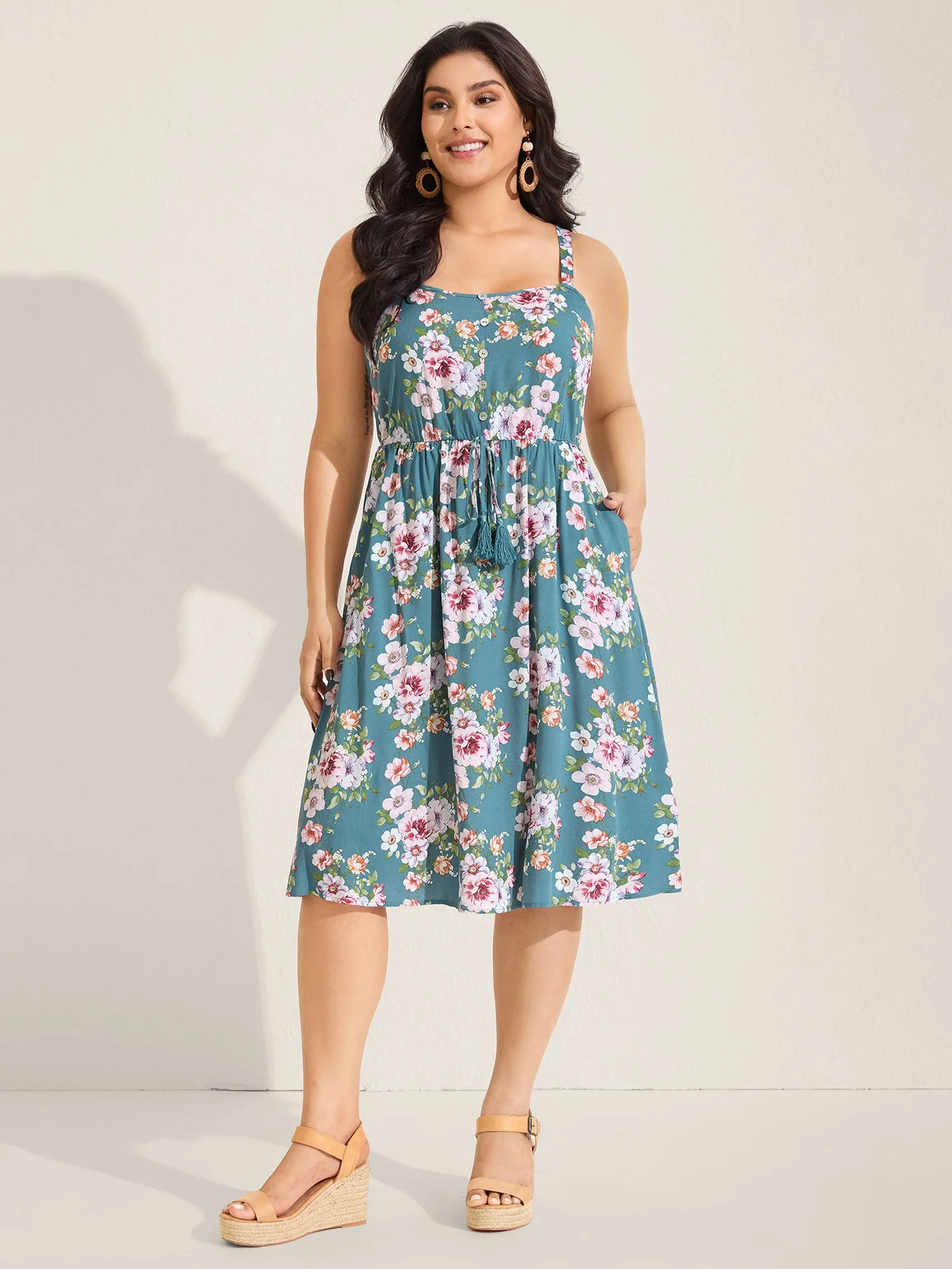 Large Floral Print Cinched-Waist Midi Dress sold by Bloomchic product image thumbnail 3