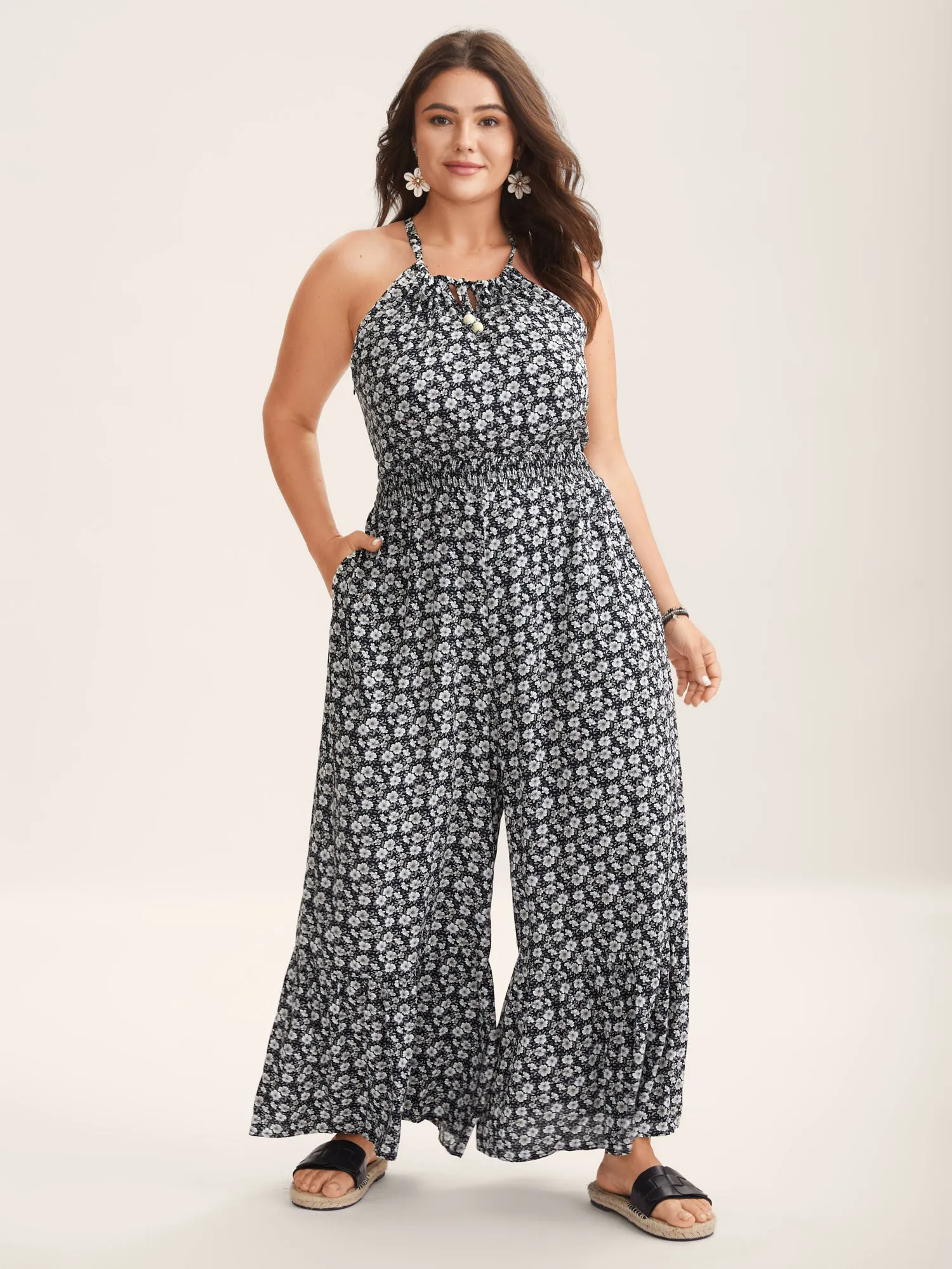 Ditsy Floral Print Shirred Tie Jumpsuit sold by Bloomchic product image thumbnail 4