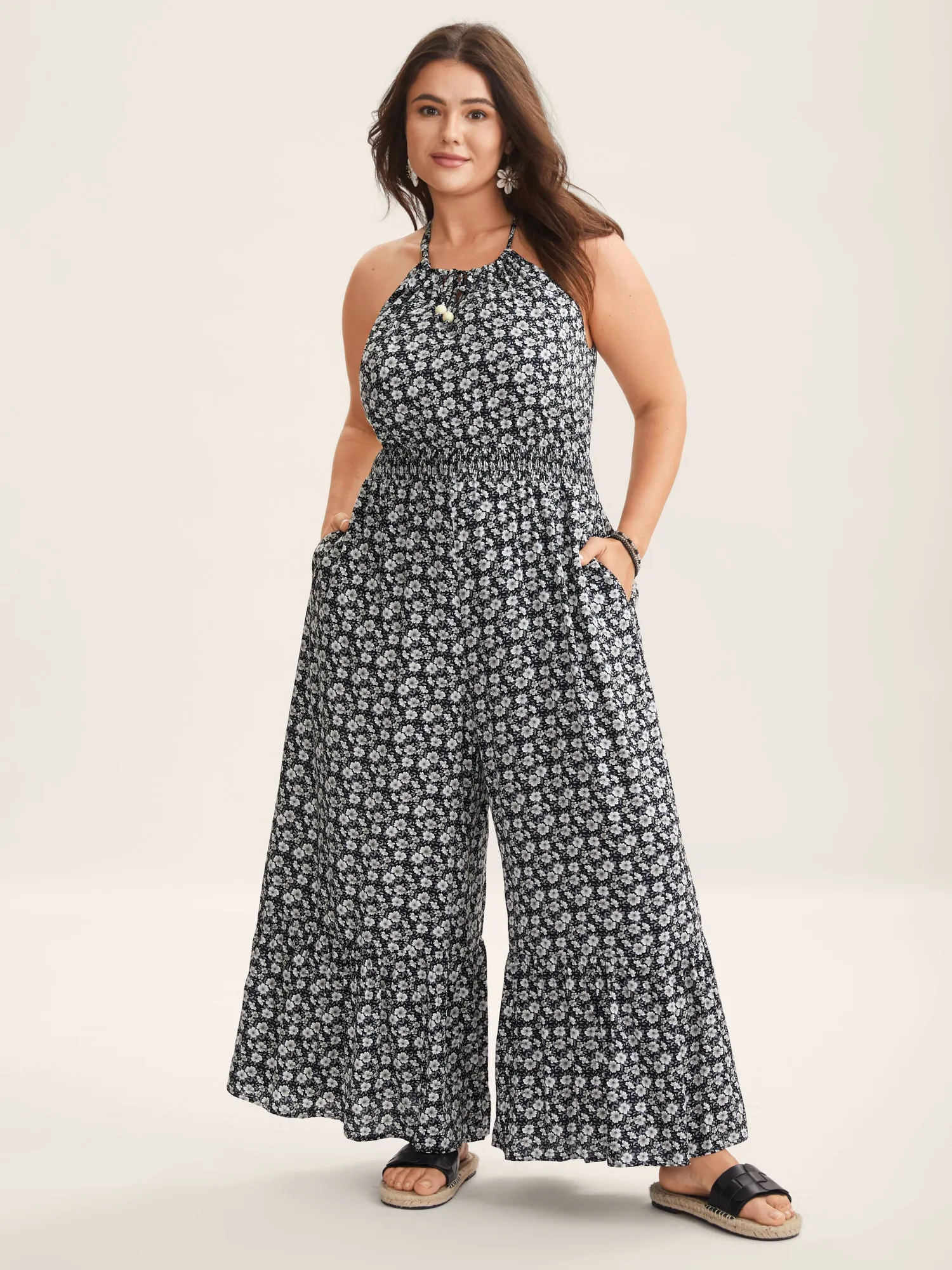Ditsy Floral Print Shirred Tie Jumpsuit sold by Bloomchic