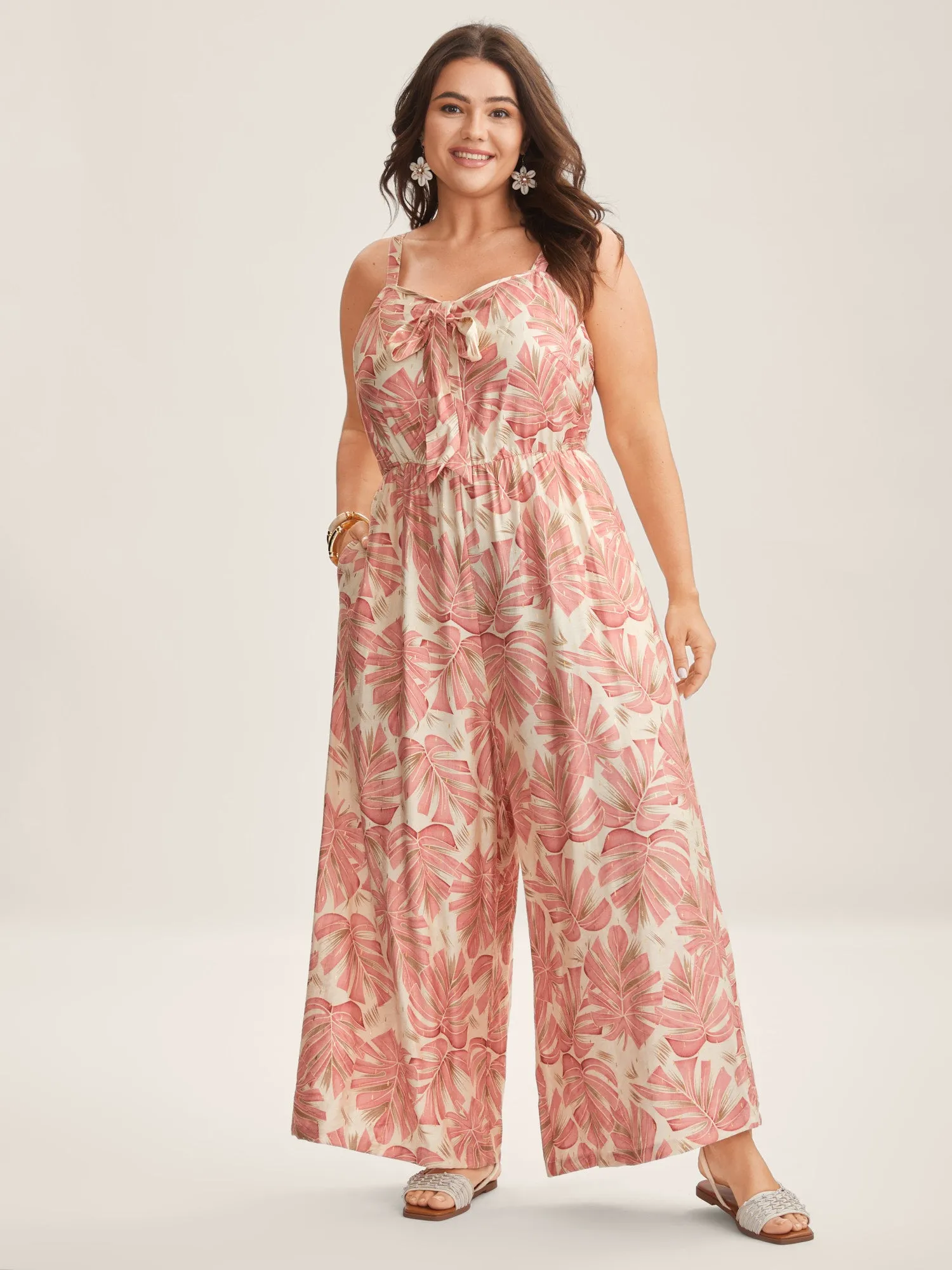 Tropical Leaf Print Bow-Tie Cami Jumpsuit sold by Bloomchic