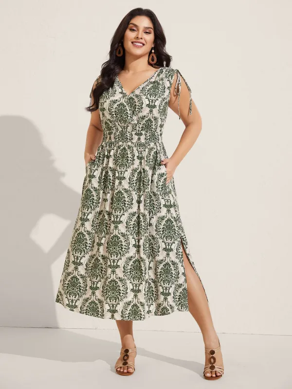 Damask Print Surplice Sleeveless Midi Dress sold by Bloomchic