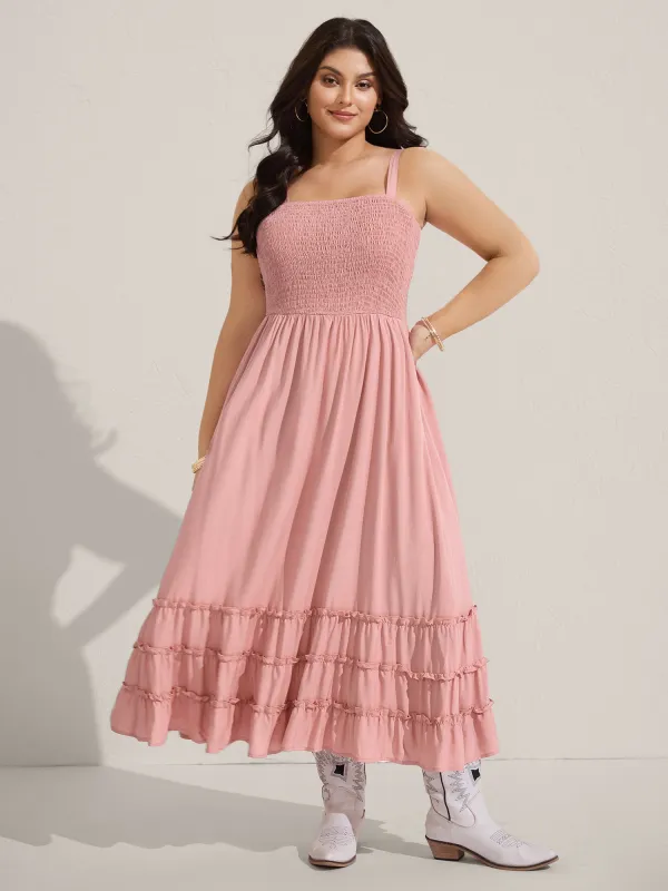 Rayon Shirred Bodice Solid Midi Dress sold by Bloomchic