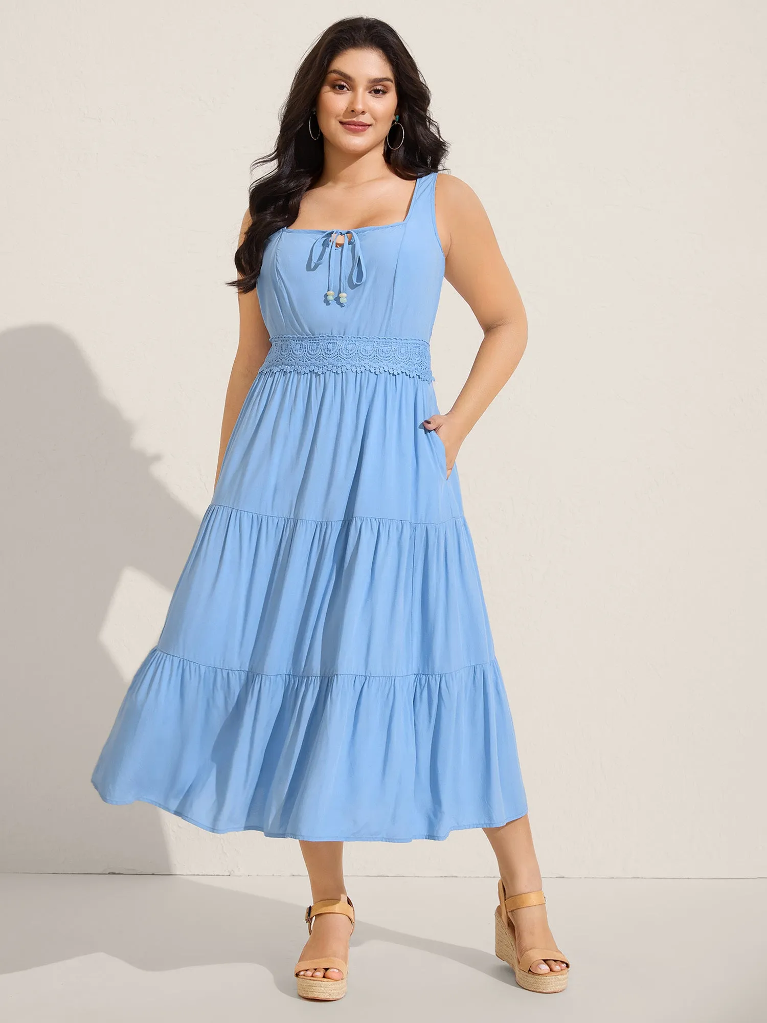 Lace Trim Neck Tie Solid Midi Dress sold by Bloomchic product image thumbnail 3