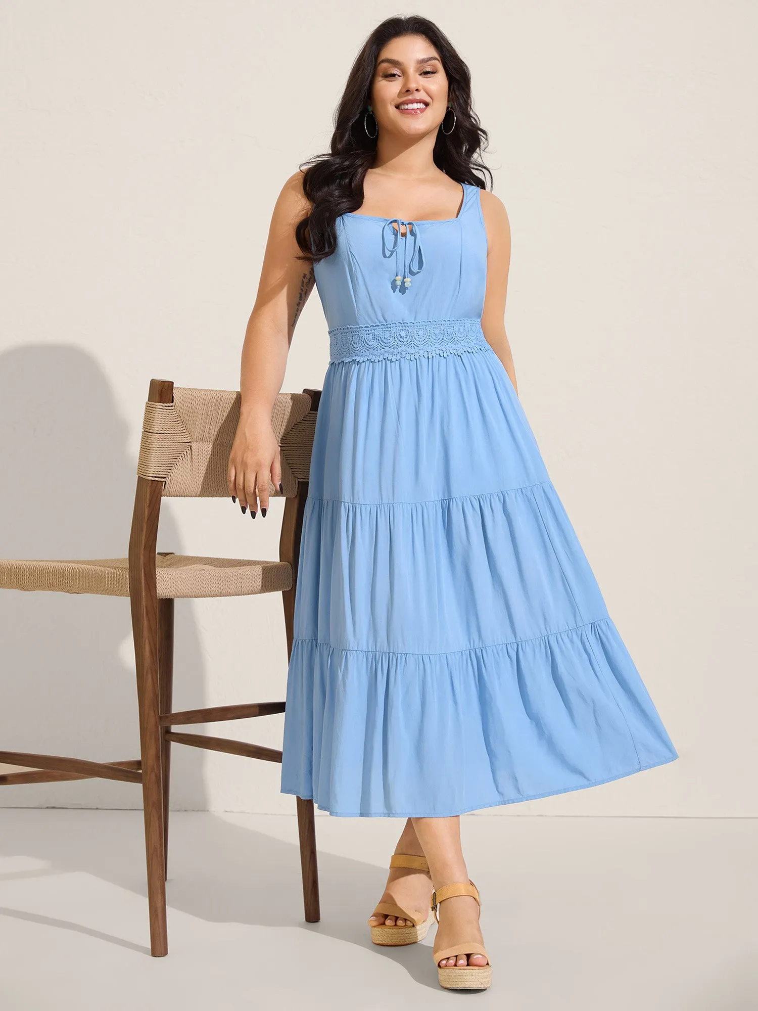 Lace Trim Neck Tie Solid Midi Dress sold by Bloomchic