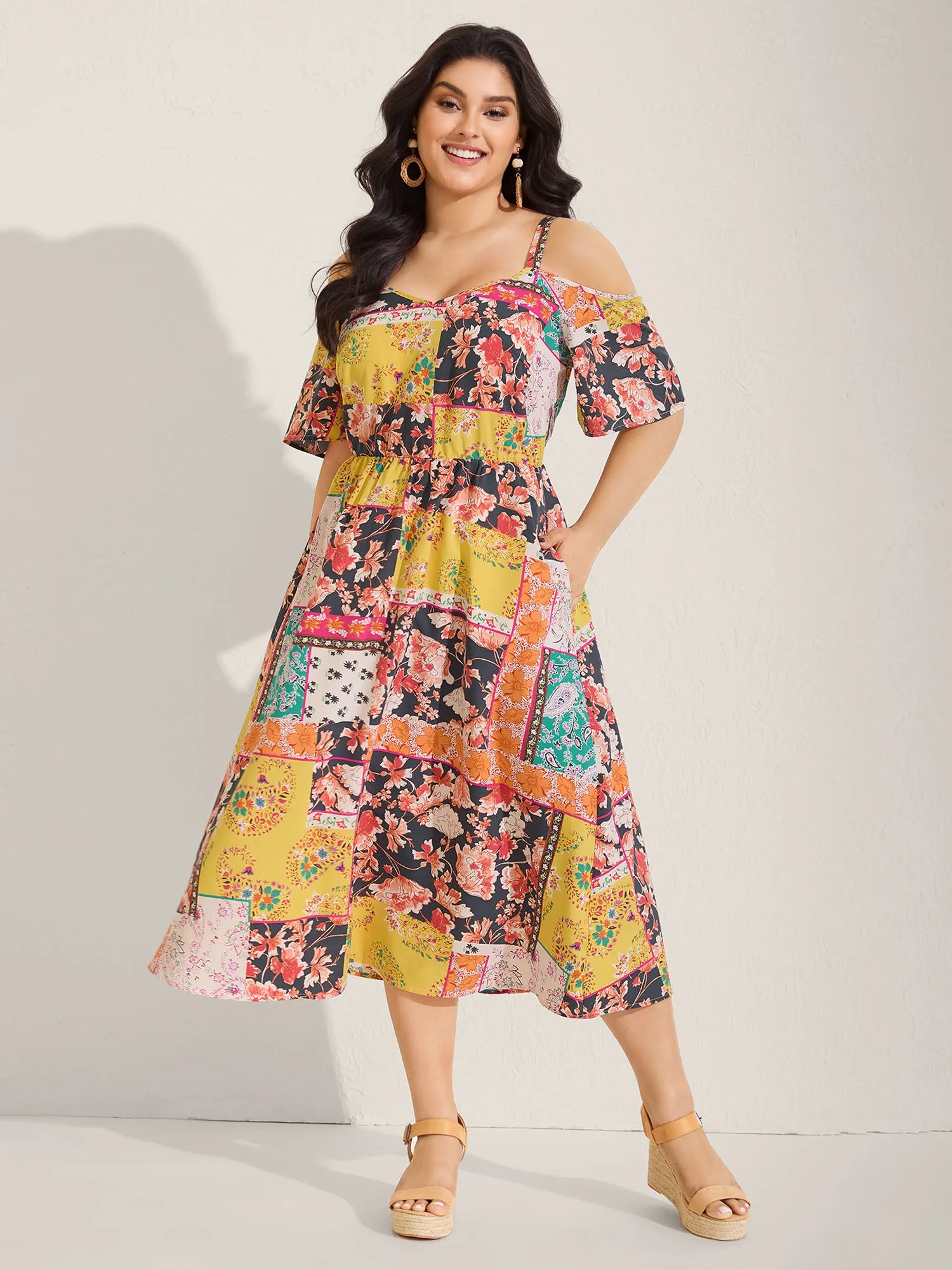 Boho Floral Print Cold-Shoulder Midi Dress sold by Bloomchic