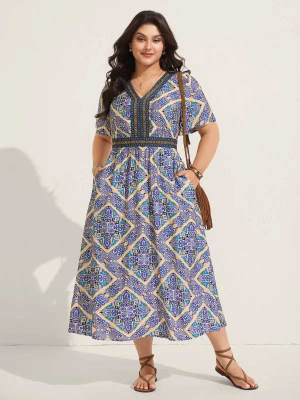 Boho Print Stretchy Waist Pockets Midi Dress sold by Bloomchic
