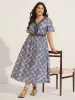 Boho Print Stretchy Waist Pockets Midi Dress sold by Bloomchic