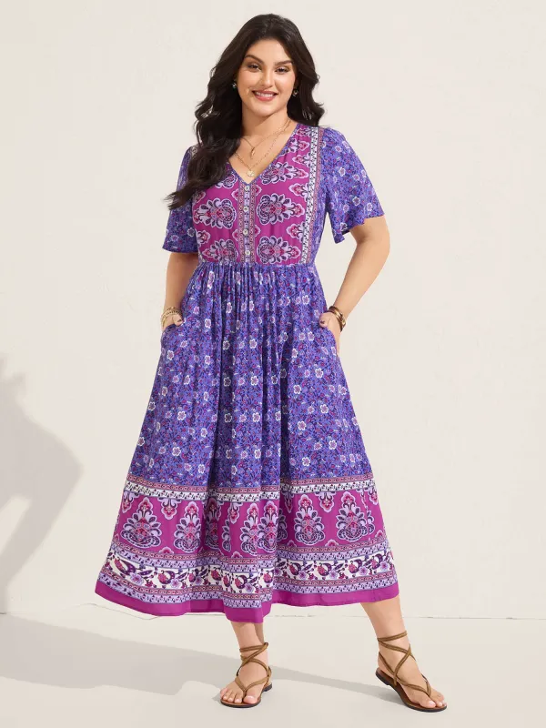 Rayon Floral Print Color Contrast Midi Dress sold by Bloomchic