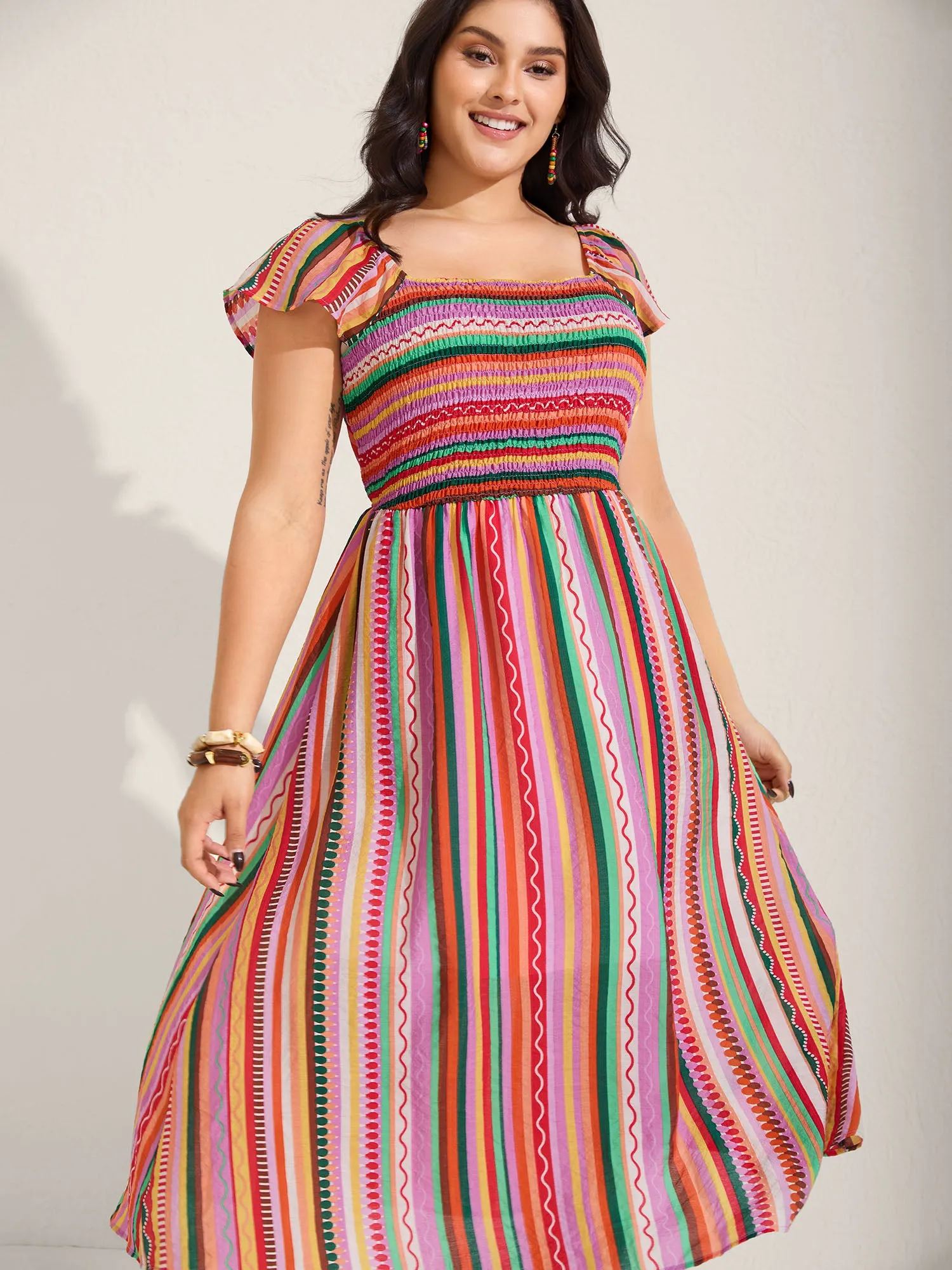 Colorful Stripe Flutter Sleeve Pockets Midi Dress sold by Bloomchic