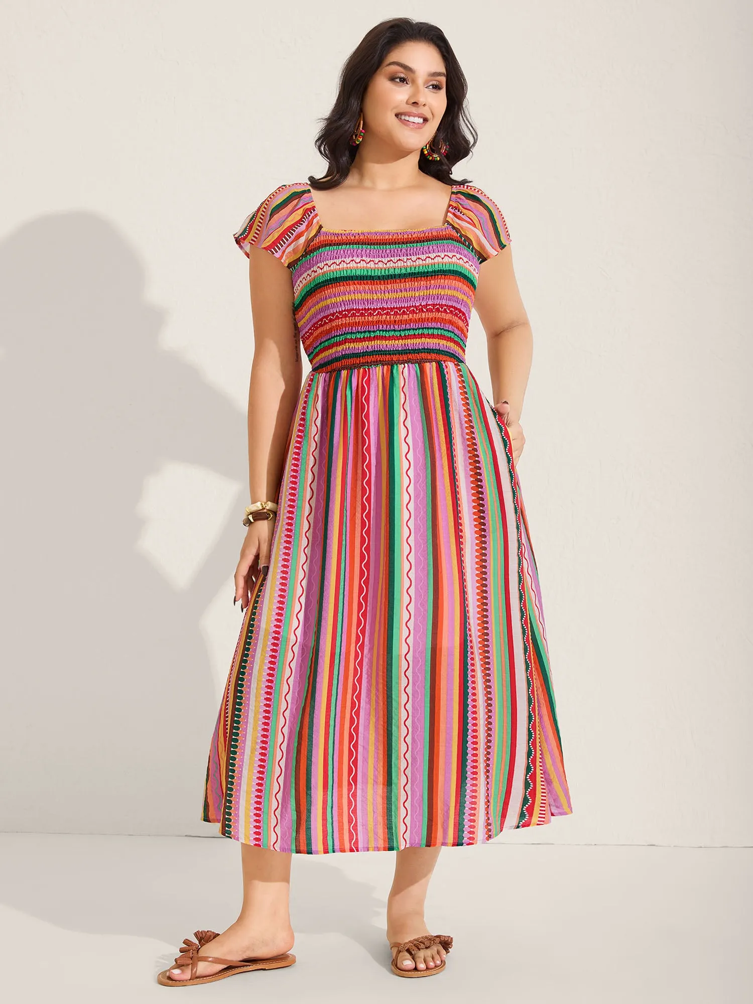 Colorful Stripe Flutter Sleeve Pockets Midi Dress sold by Bloomchic product image thumbnail 3